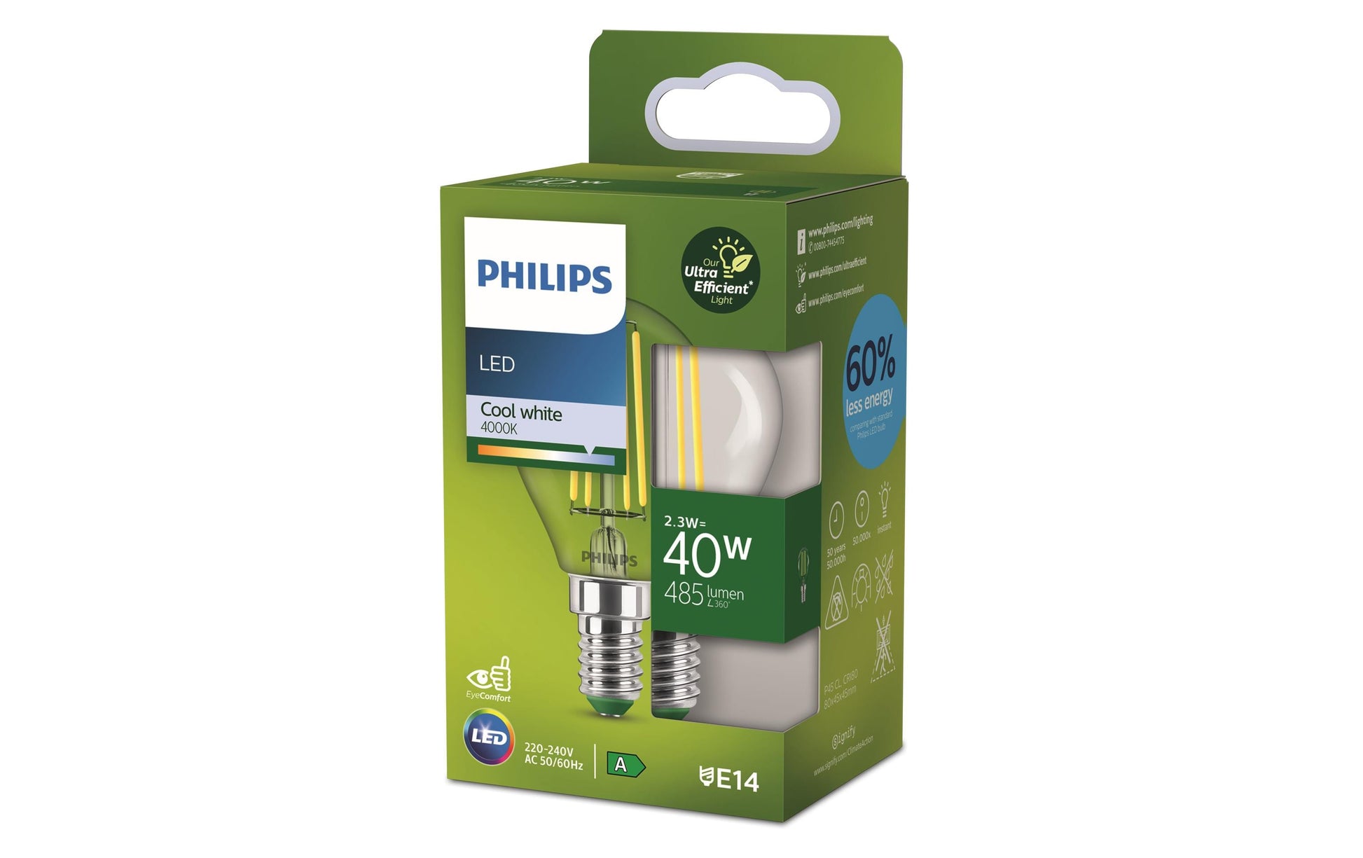 Philips LED-Leuchtmittel E14 A60 – Warmweiss 4000 K, 485 lm, 2,6 W – 1 Stk.