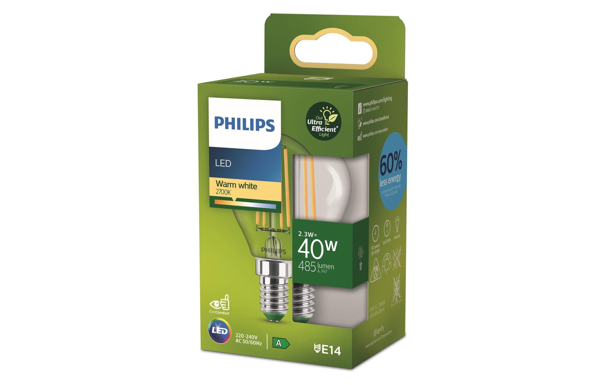 Philips LED-Leuchtmittel E14 A60 – Warmweiss 2700 K, 485 lm, 2,3 W – 1 Stk., klar