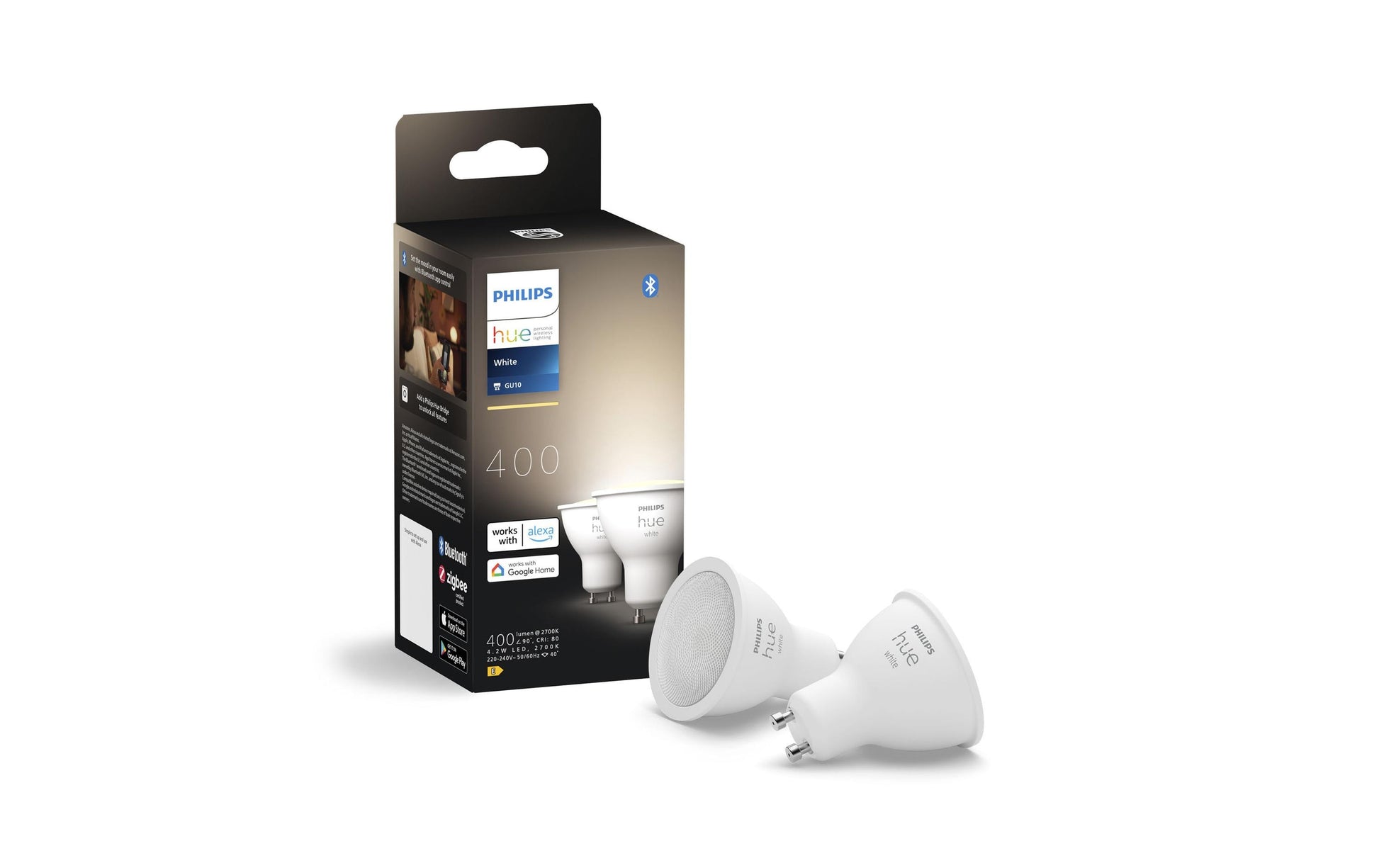Philips Hue White LED-Leuchtmittel GU10 2er-Pack – 4,2 W dimmbar, 2700 K, für Bluetooth/Zigbee/Apple HomeKit