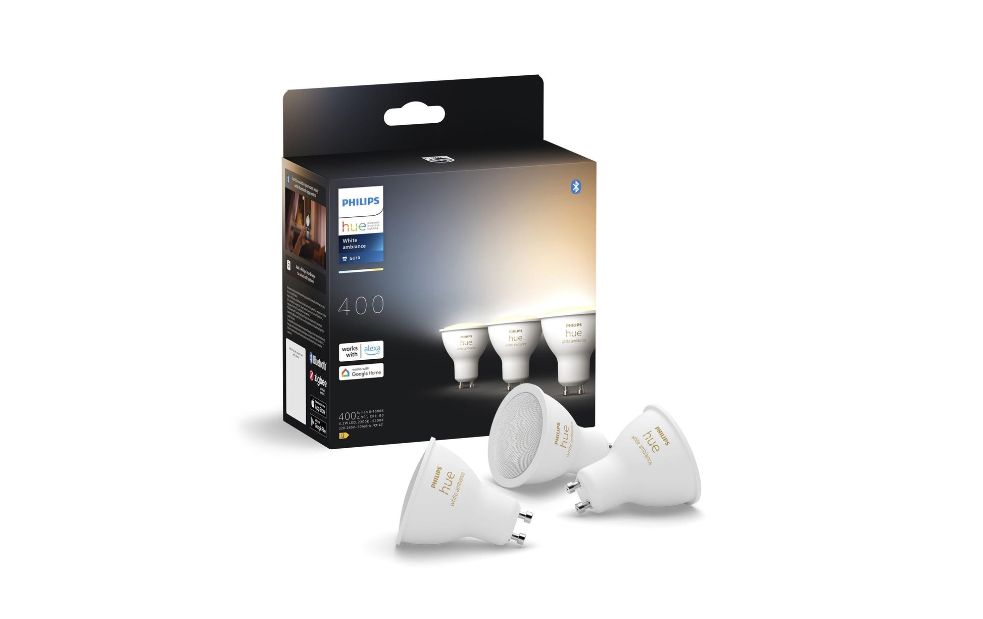 Philips Hue LED-Leuchtmittel GU10 3er-Pack – 4,2 W dimmbar, 400 lm, 2200–6500 K, für Bluetooth/Zigbee