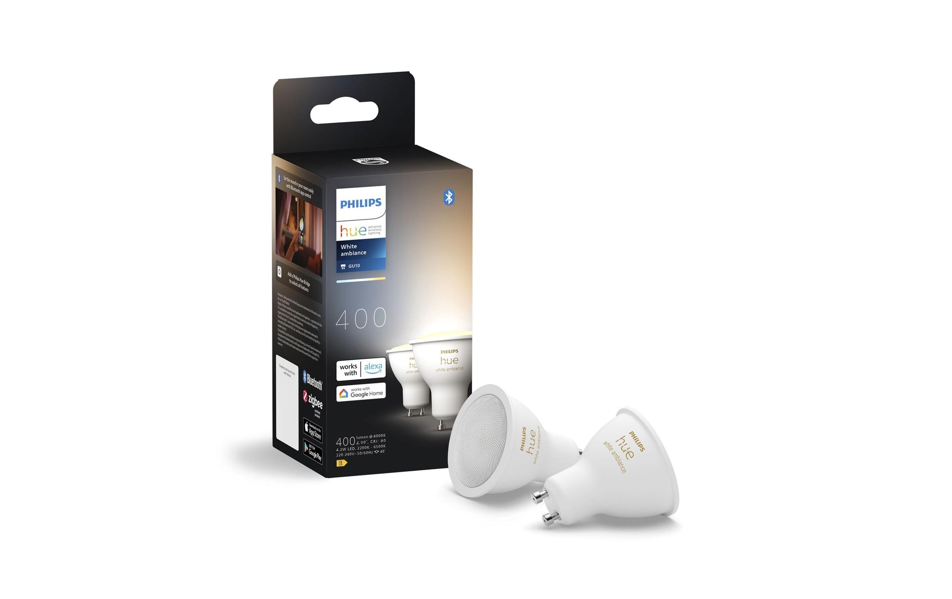 Philips Hue Smart-Leuchtmittel GU10 – 2200–6500 K, 400 lm, 4,2 W, Bluetooth/Zigbee – 2 Stk. – White Ambiance
