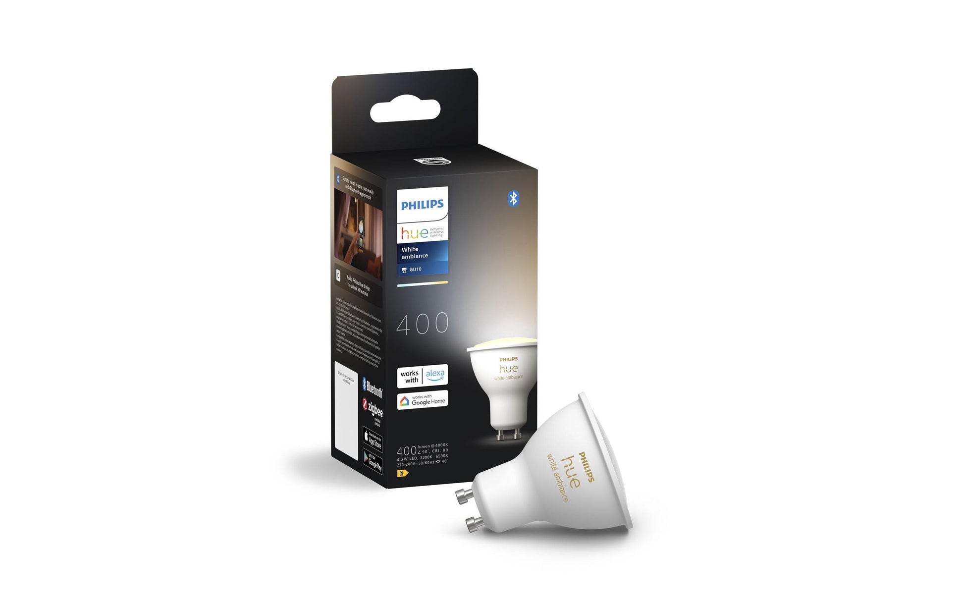 Philips Hue Smart-Leuchtmittel GU10 – 2200–6500 K, 400 lm, 4,2 W, Bluetooth/Zigbee – für Apple HomeKit, Alexa