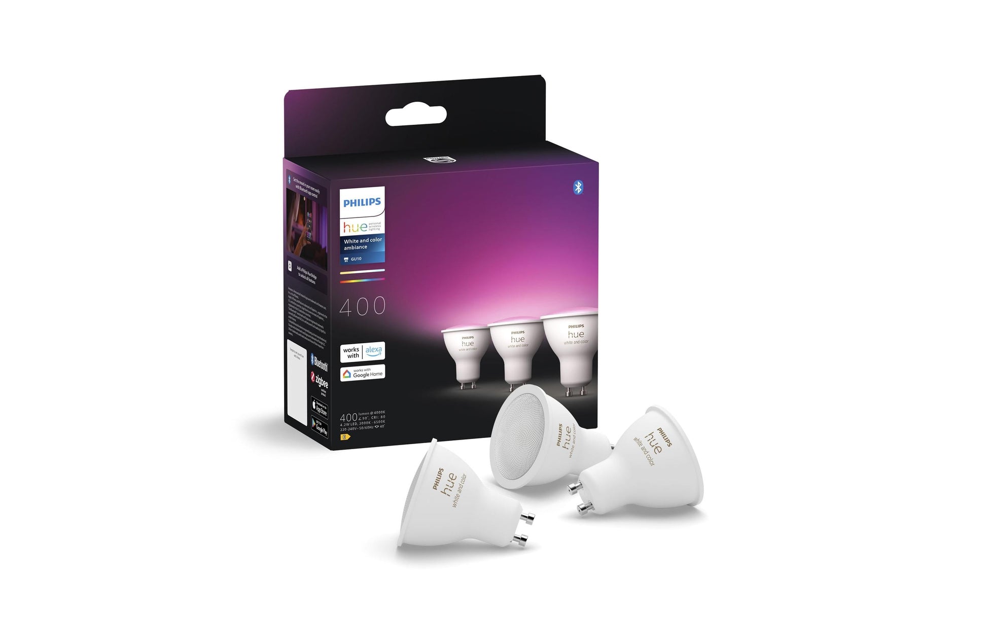 Philips Hue LED-Leuchtmittel GU10 3er-Pack – 4,2 W dimmbar, 2000–6500 K, für Zigbee, HomeKit und Alexa