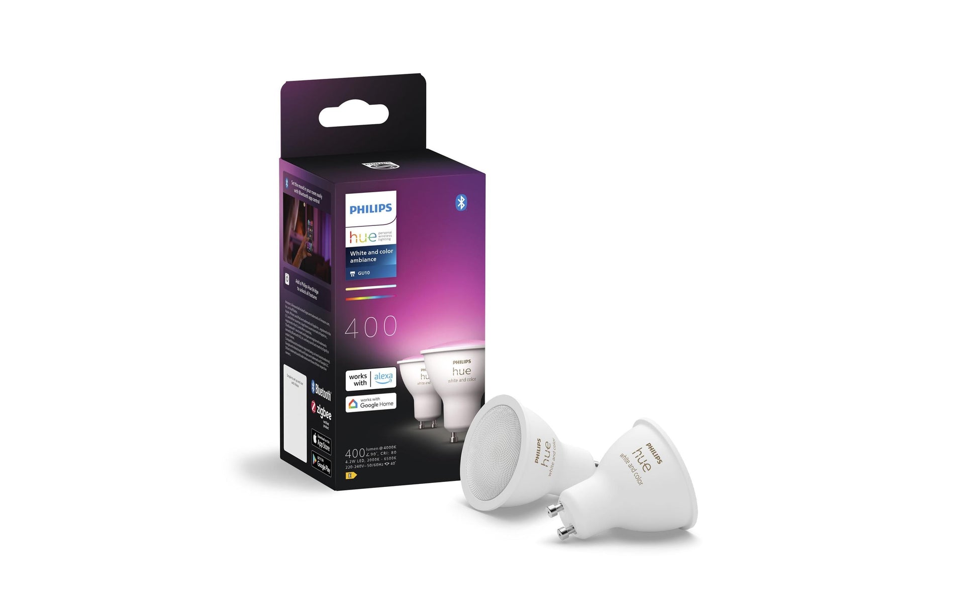 Philips Hue White & Colour Ambiance LED-Leuchtmittel GU10 2er-Pack – 4,2 W dimmbar, 400 lm, 2000–6500 K, 40°