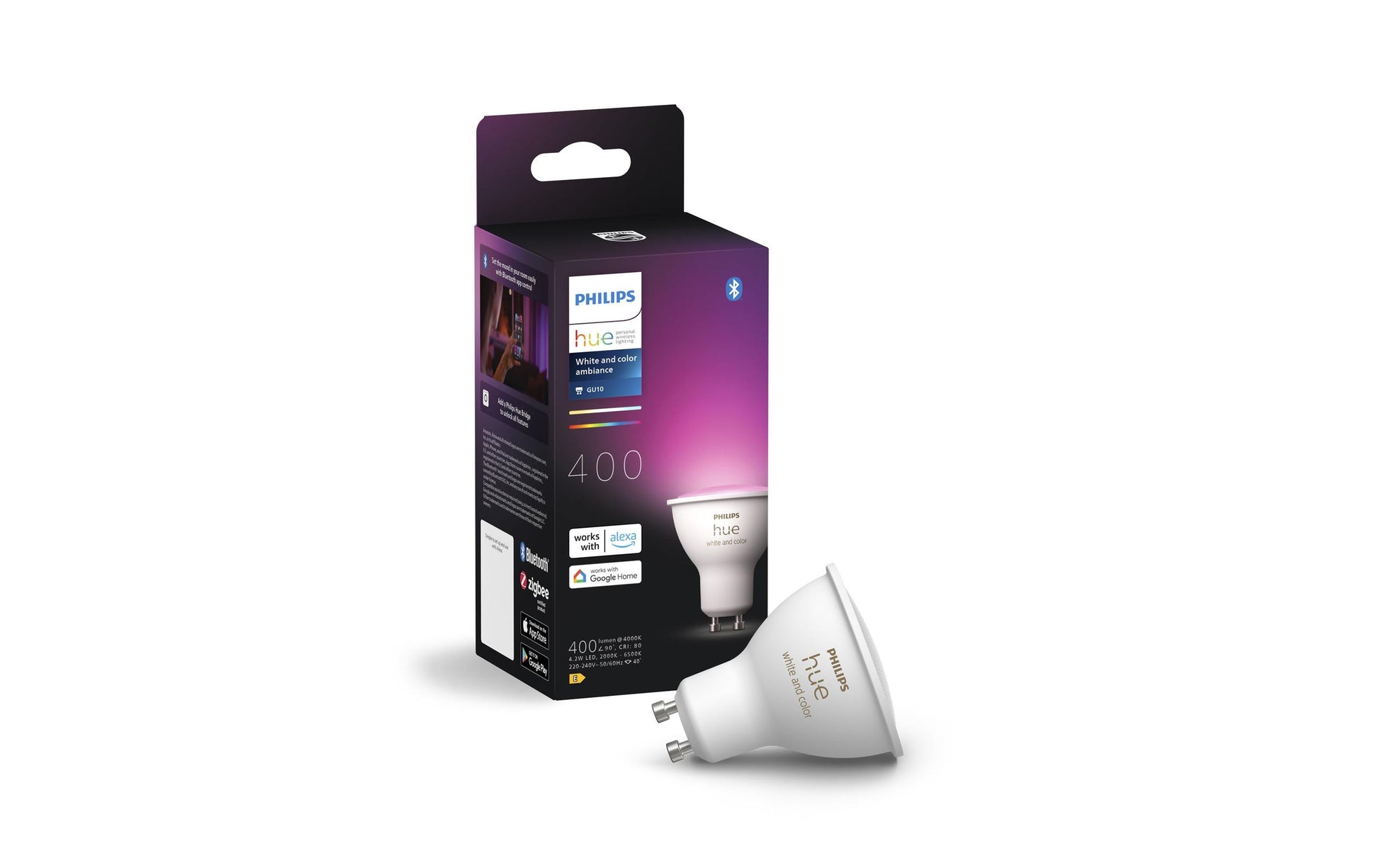 Philips Hue Smart-Leuchtmittel GU10 – RGB+CCT, 400 lm, 4,2 W – für Amazon Alexa, Google Assistant – 1 Stk.