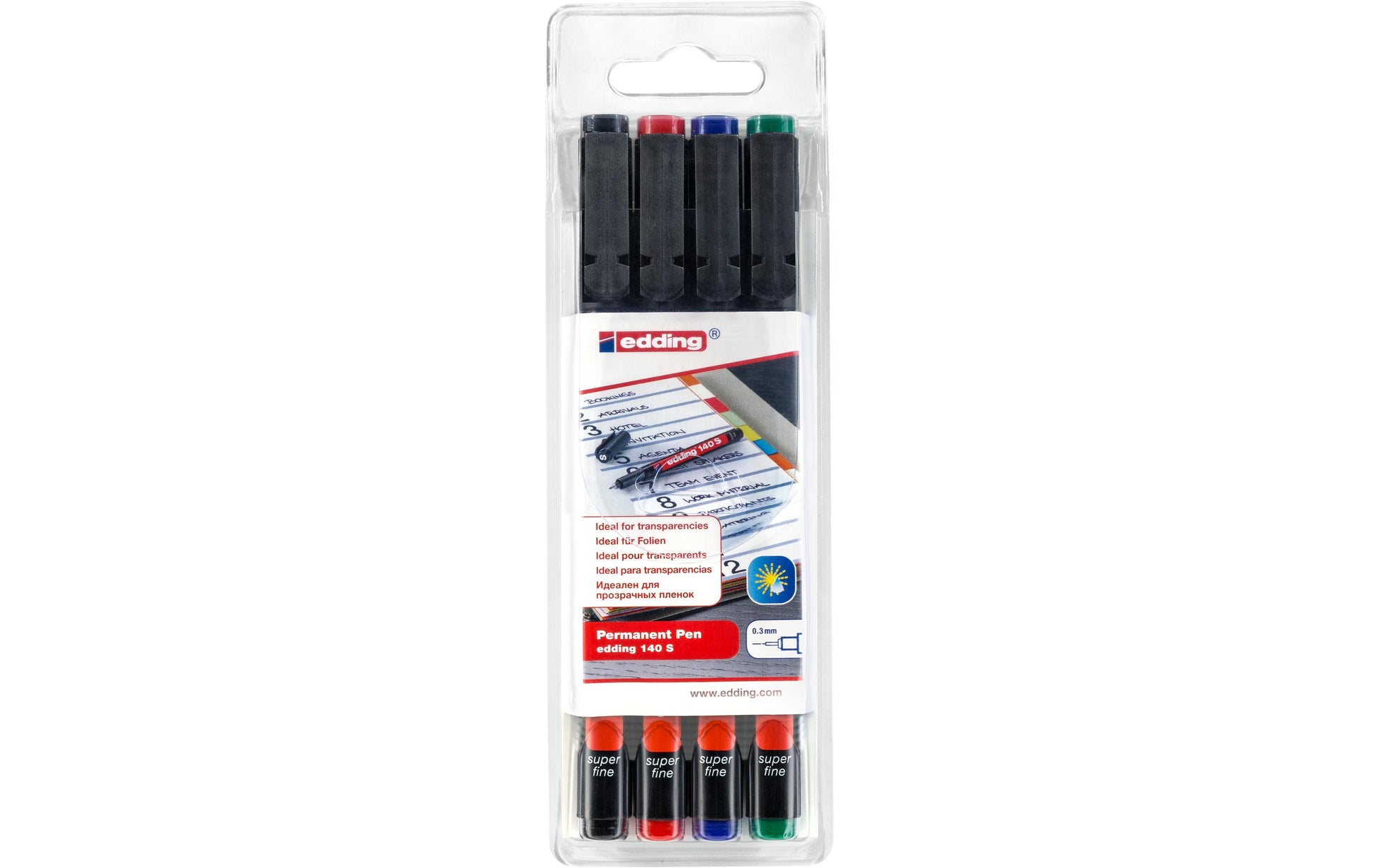 Edding 140 S OHP-Marker – Rundspitze 0,3 mm – Mehrfarbig – 4er-Set – für Folie, Glas und Kunststoff