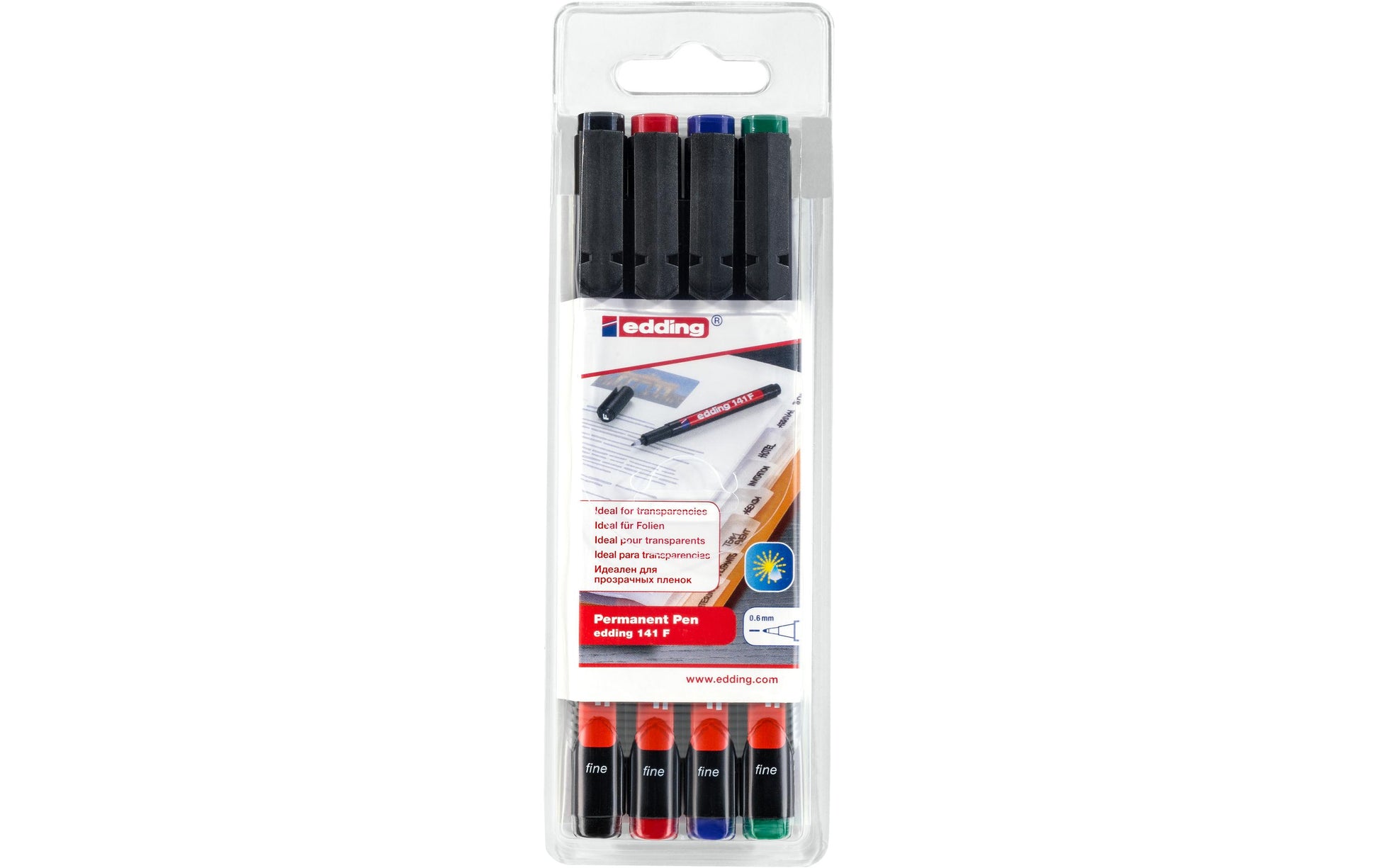 Edding 141 OHP Marker – Feine Spitze 0,6 mm – Mehrfarbig – 4er-Set – für OHP-Folien, Glas und Kunststoff