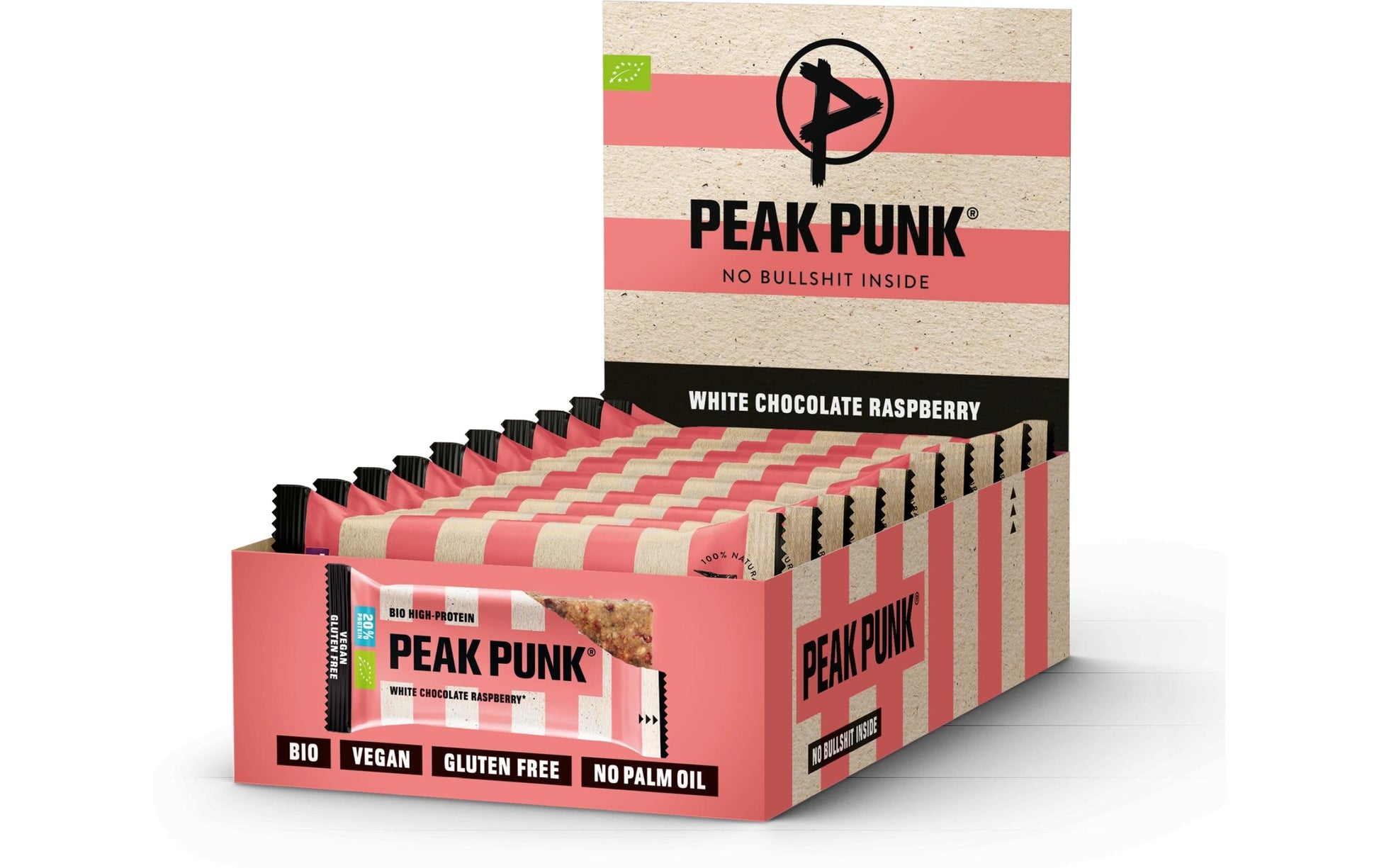 Peak punk Hafer Protein-Flapjack – Weisse Schokolade & Himbeere, bio, vegan – 12 × 55 g