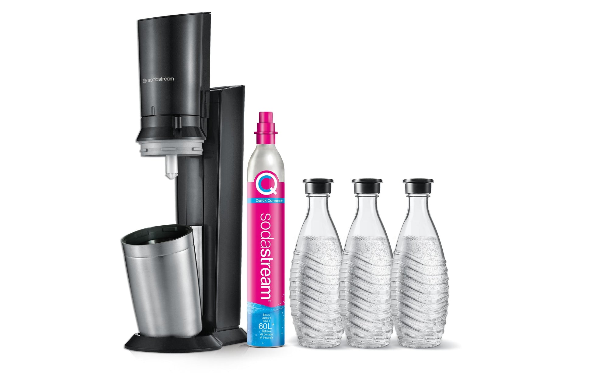 SodaStream Crystal – Schwarz, Grau, inkl. 60 l Zylinder, 3 Karaffen à 0,7 l