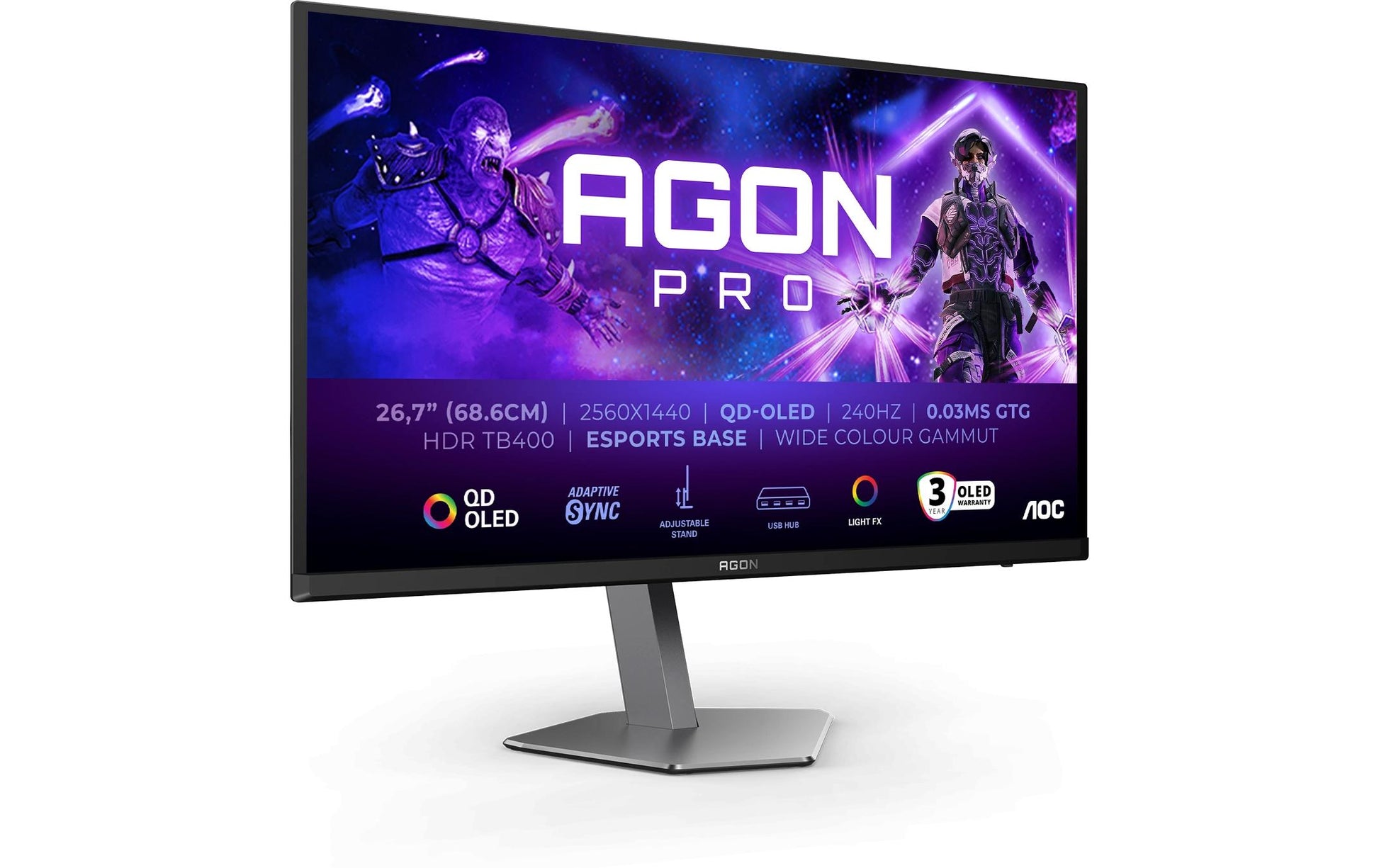 AOC AG276QZD2 – Monitor, 26,7", 250 cd/m², Adaptive Sync, USB-Hub, Lautsprecher, VESA 100 × 100, Schwarz
