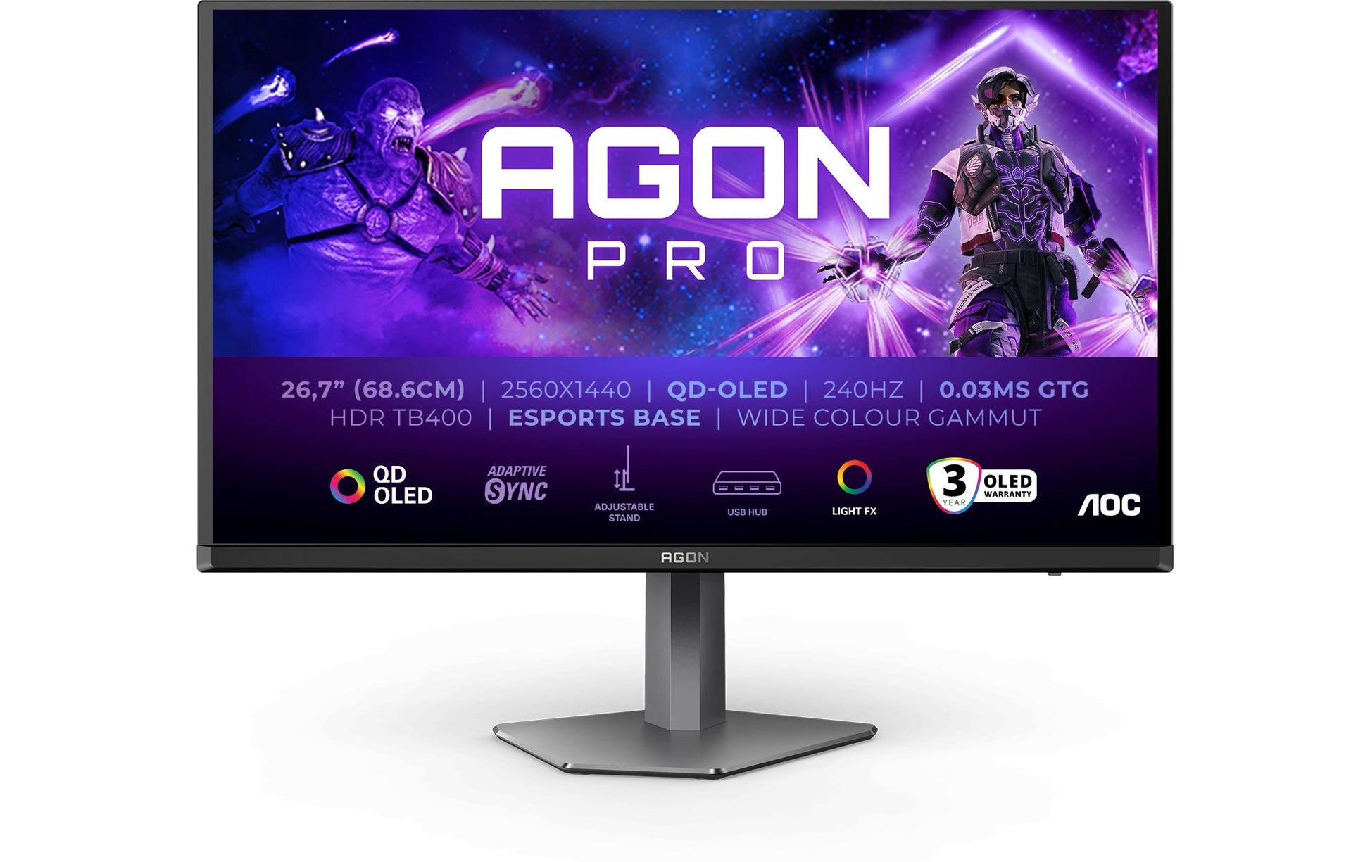 AOC AG276QZD2 – Monitor, 26,7", 250 cd/m², Adaptive Sync, USB-Hub, Lautsprecher, VESA 100 × 100, Schwarz