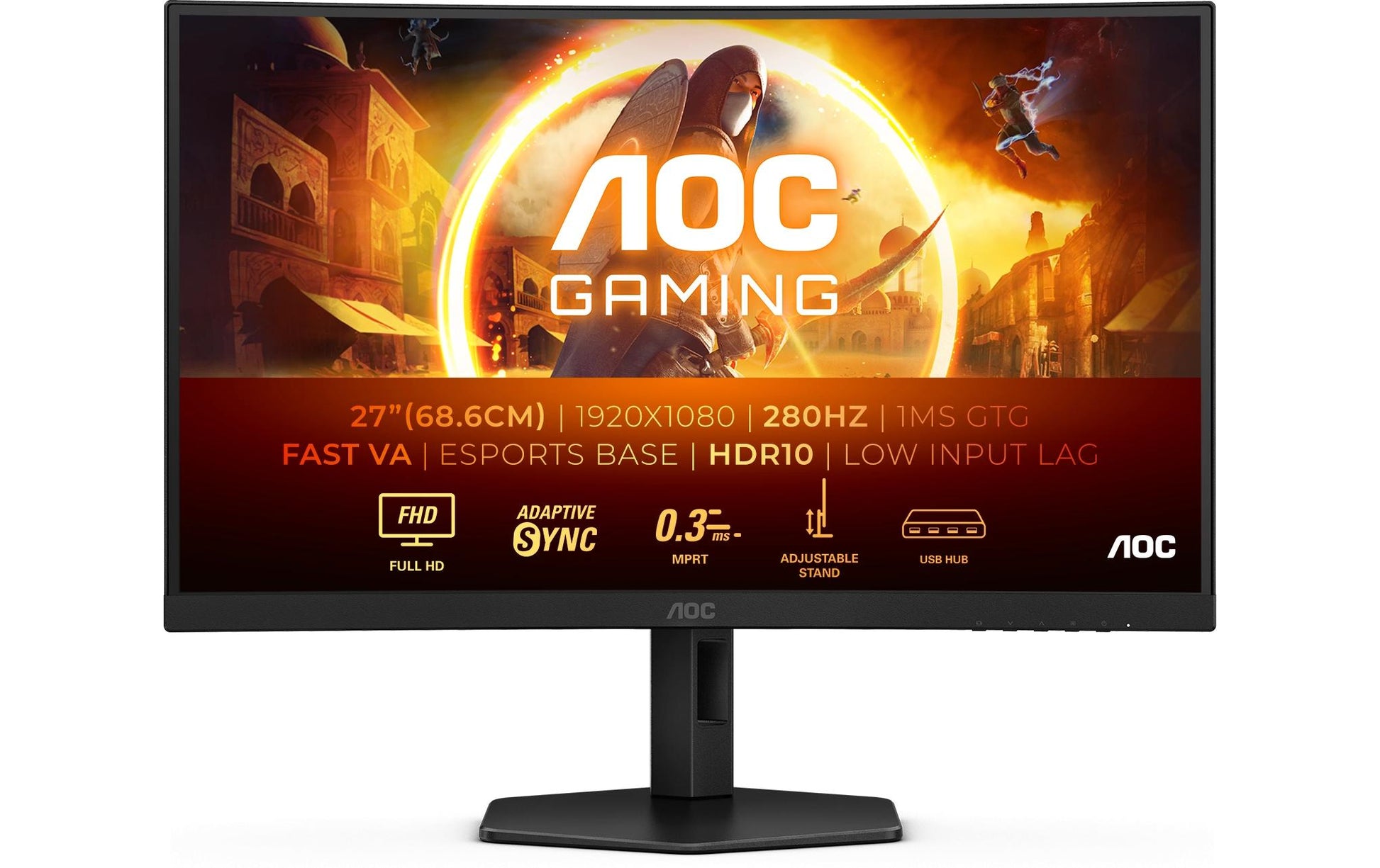 AOC C27G4ZXU – Monitor, 27" 1920 × 1080 (Full HD), VA, 280 Hz, 300 cd/m², Gebogen, VESA 100 × 100, Schwarz