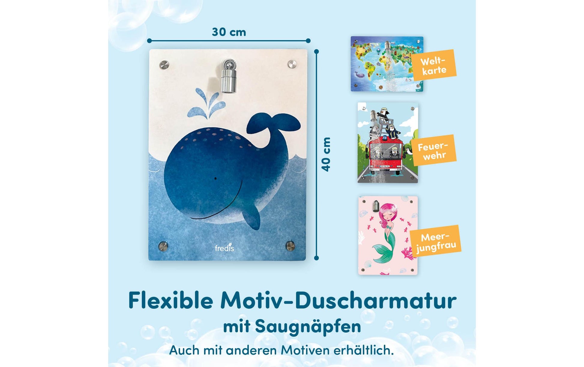 Fredis Kinderdusche Wal – 40×30 cm, Pazifikblau