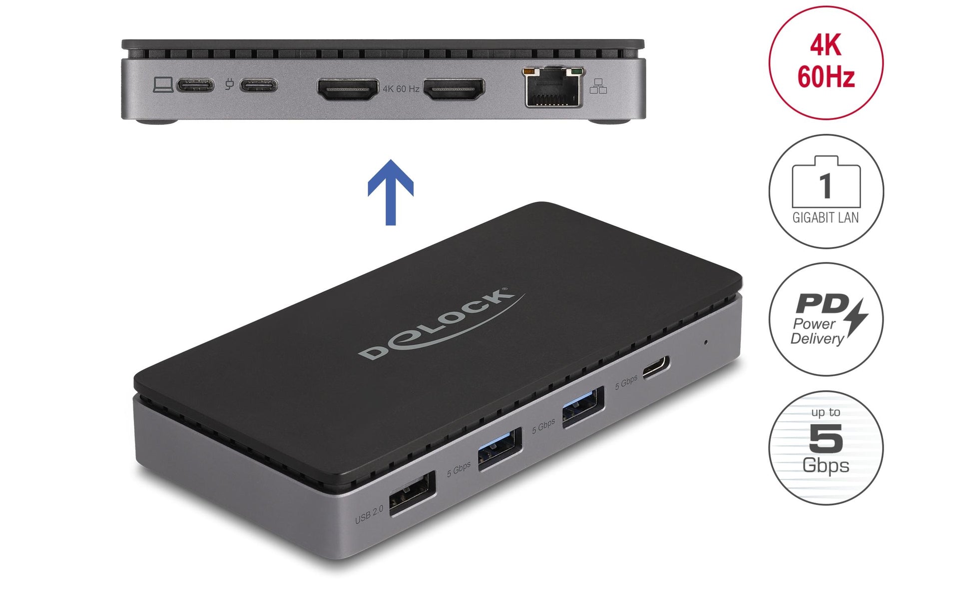 DeLOCK Dockingstation – USB-C, 2× HDMI, 3× USB-A, 2× USB-C, 85 W PD, GbE, für Windows/Mac/Linux