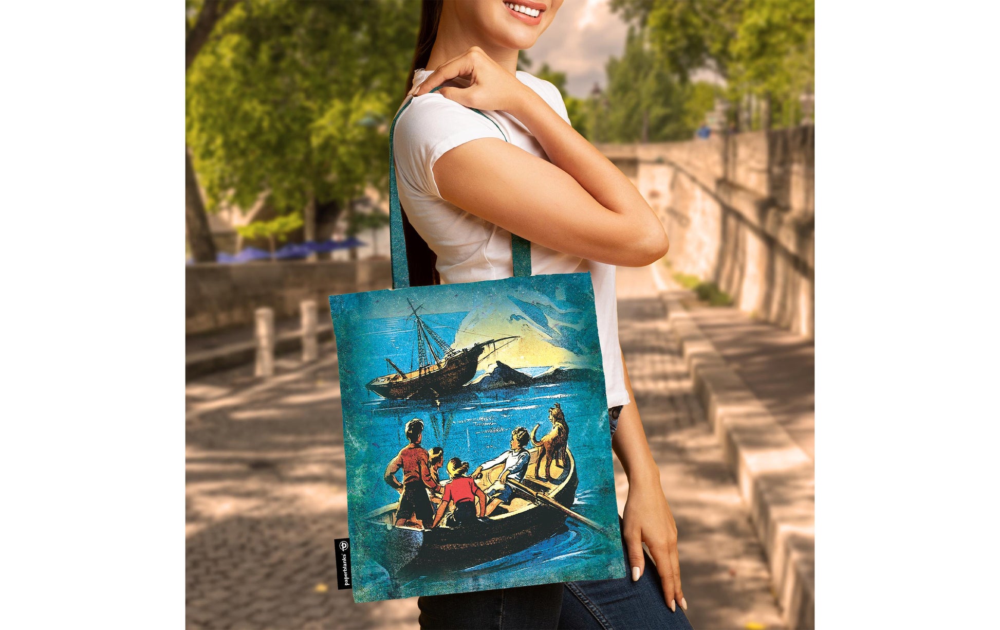 Paperblanks Canvas-Tasche Die fünf Freunde – 38 × 38 × 9 cm – Jute – Blau
