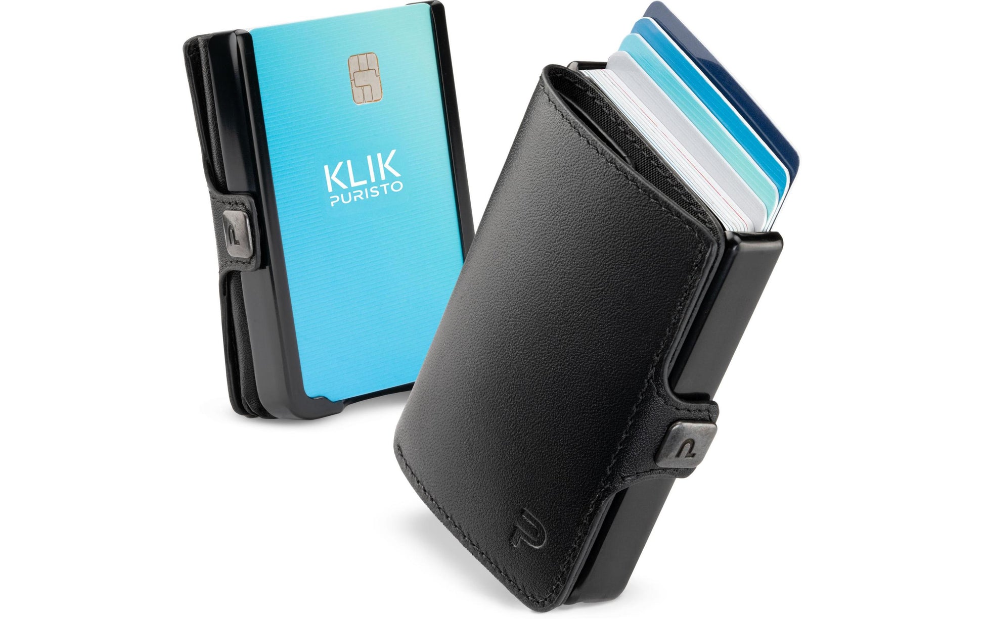 Puristo Kartenetui – RFID-Schutz, Klickverschluss – 62×89 mm – Schwarz Matt – Aluminium – KLIK MAGNET