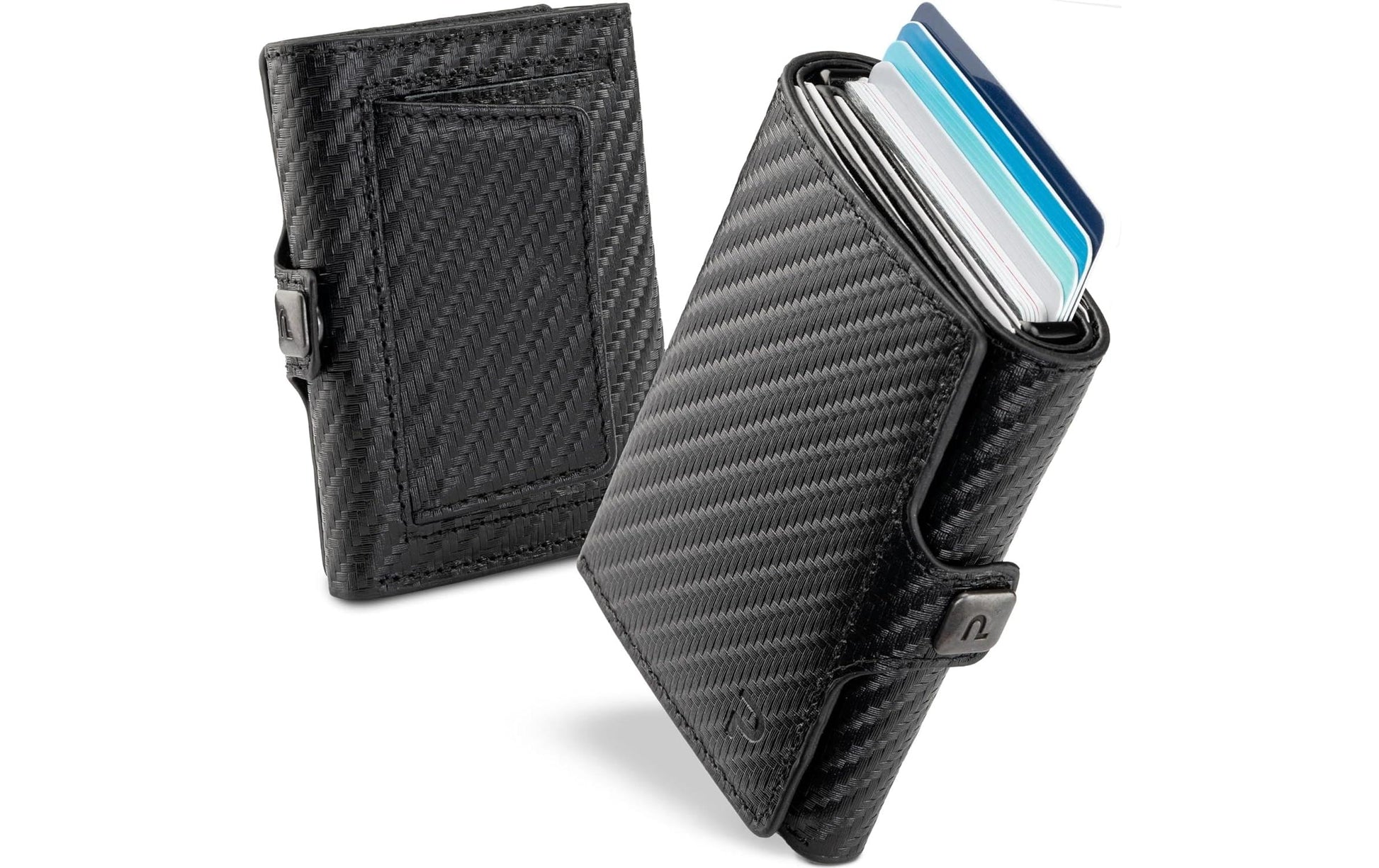 Puristo Kartenetui – Klickverschluss, RFID-Schutz, Münzfach – 62 × 89 mm – Schwarz – Aluminium – KLIK XL