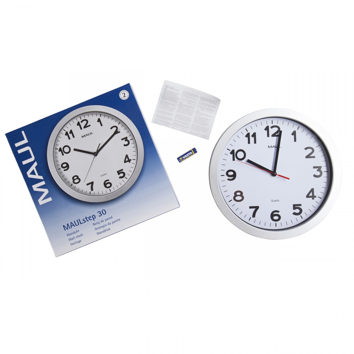 MAUL Wanduhr step – Ø 30 cm, silber, Kunststoff