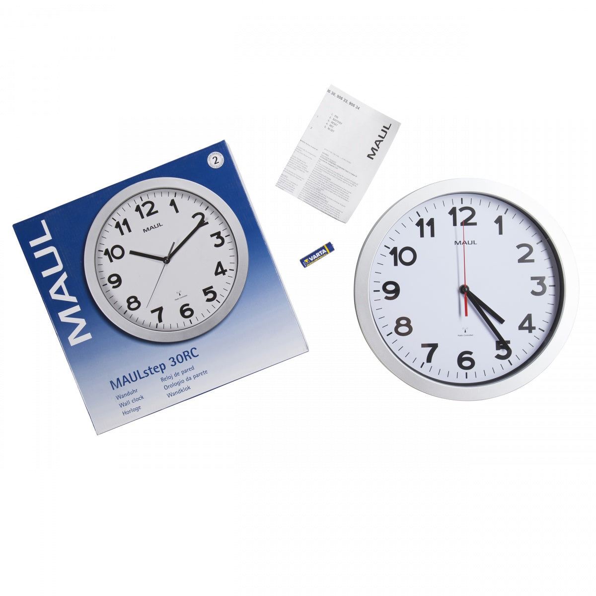 MAUL Wanduhr Step – Funk – Ø 30 cm, silber, Kunststoff