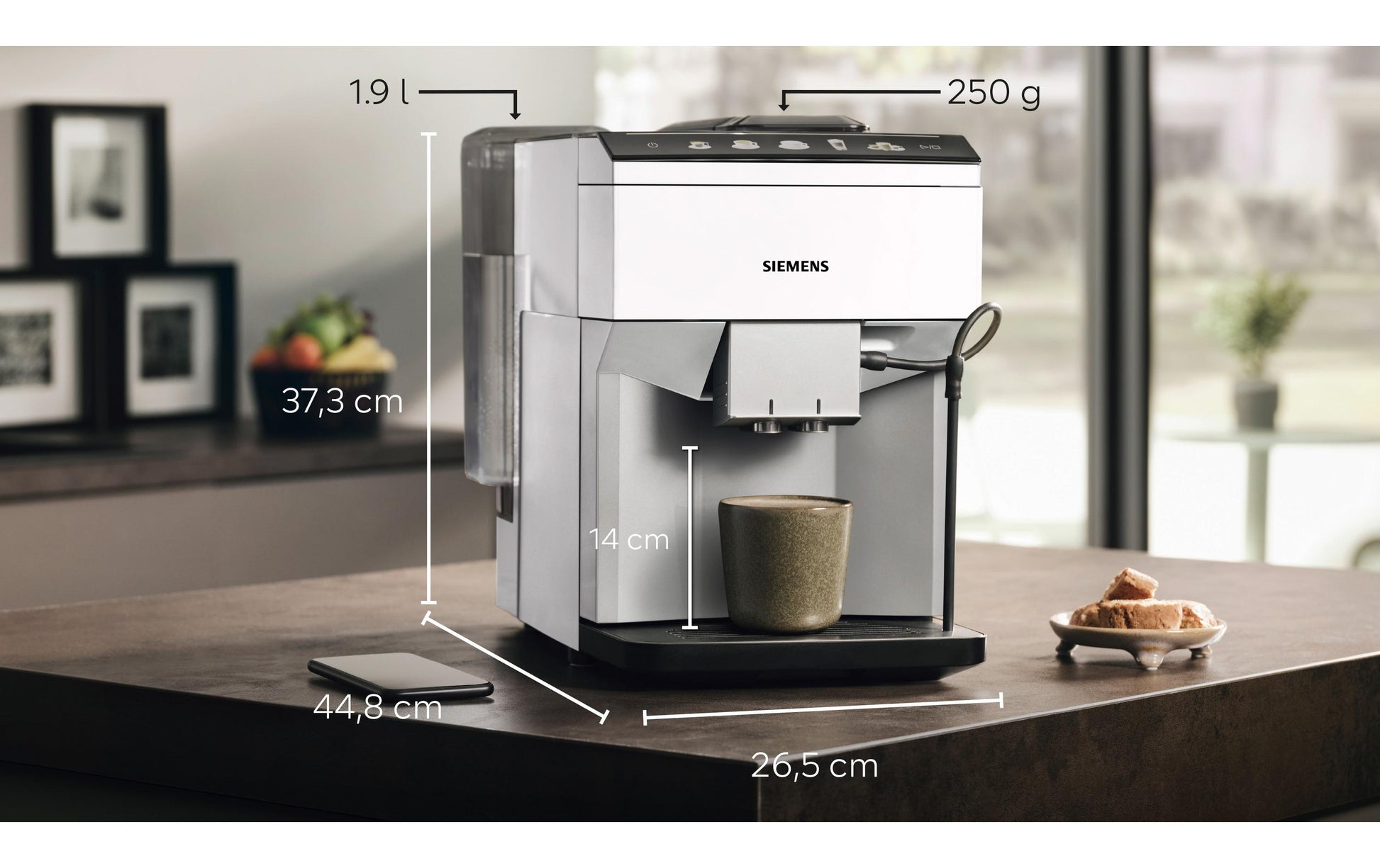 Siemens EQ500 TP515D02 Kaffeevollautomat – 15 bar, 1,9 l, 270 g, Weiss