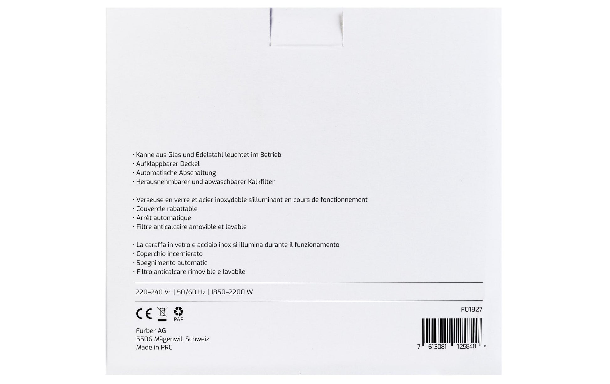 Furber. Furber Wasserkocher – 1 l, Glas, F01827