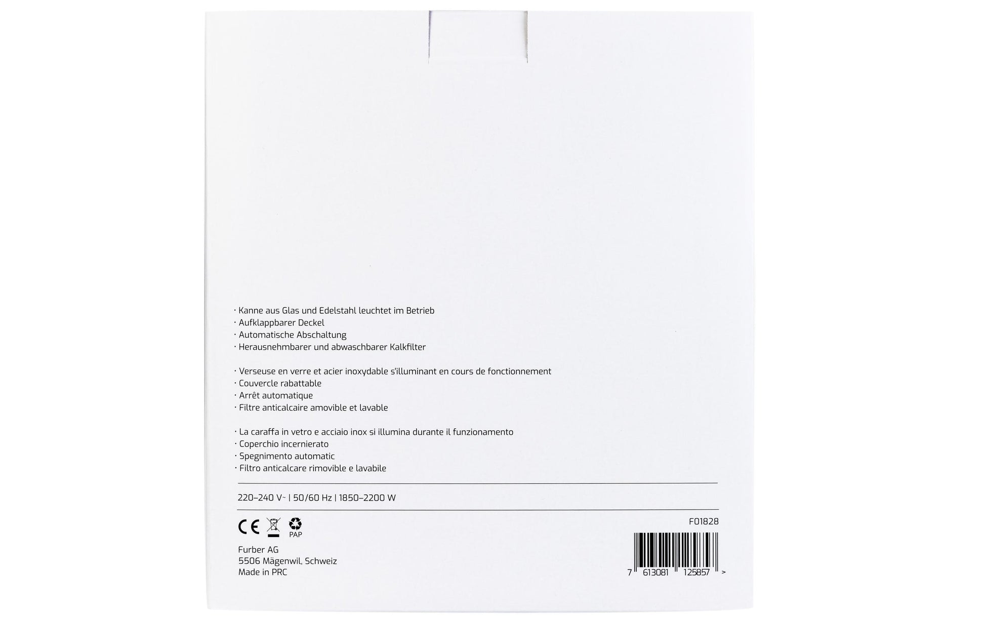 Furber. Furber Vetro Wasserkocher – 1,7 l, Glas/Edelstahl, F01828