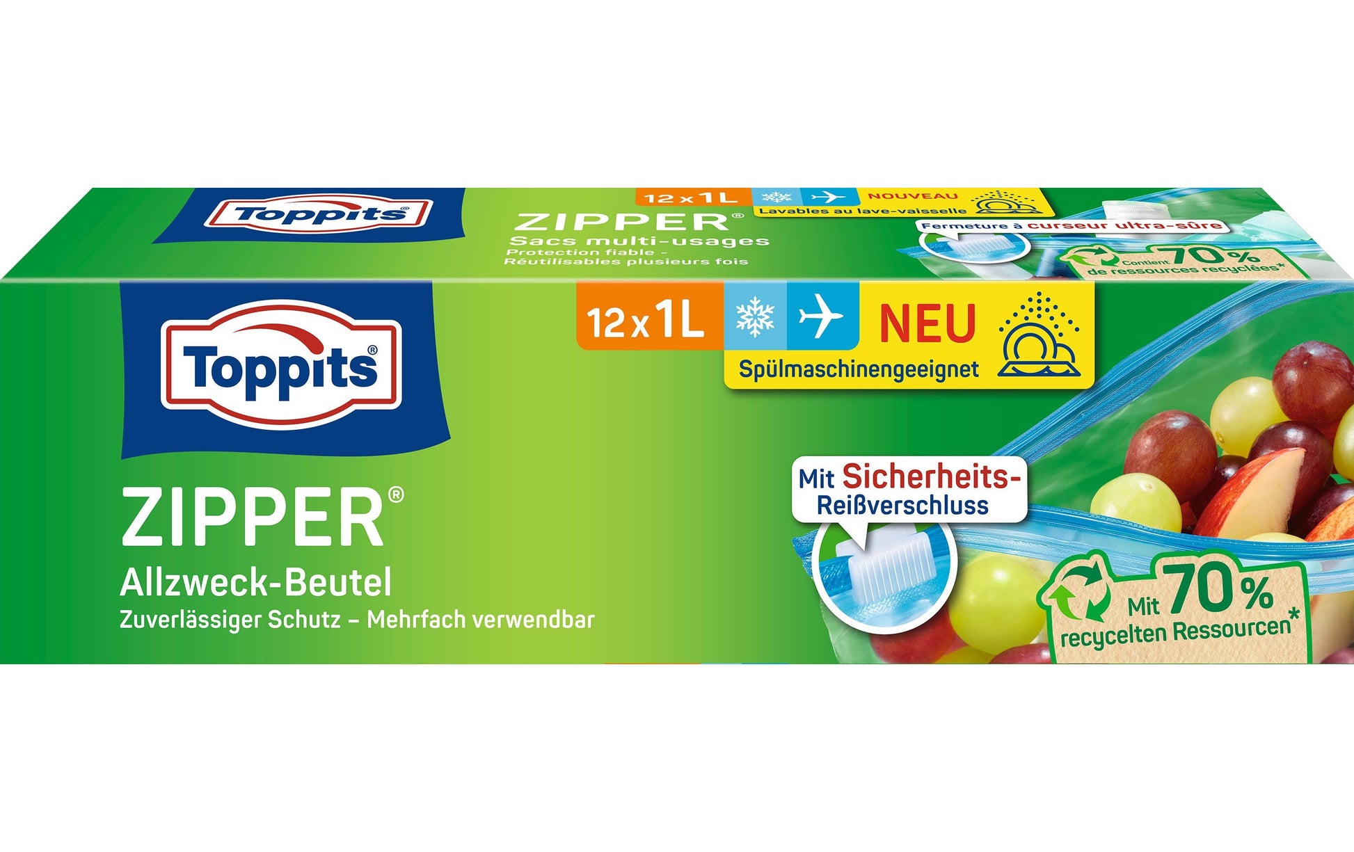 Toppits Zipper-Beutel 1 l, 15 × 20 cm, Polyethylen (PE), transparent, 12 Stk., mit Reissverschluss