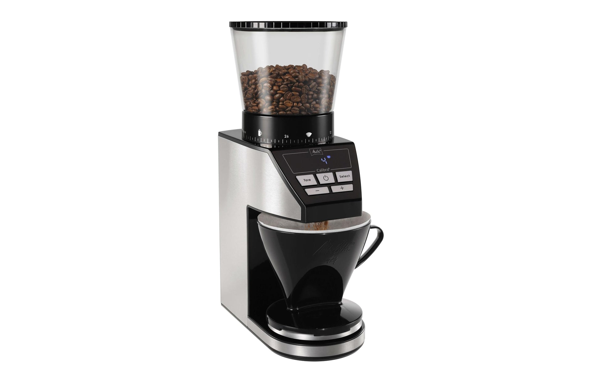 Melitta Kaffeemühle Calibra – Kegelmahlwerk, 39 Stufen, 375 g, 160 W, LCD-Display, Schwarz