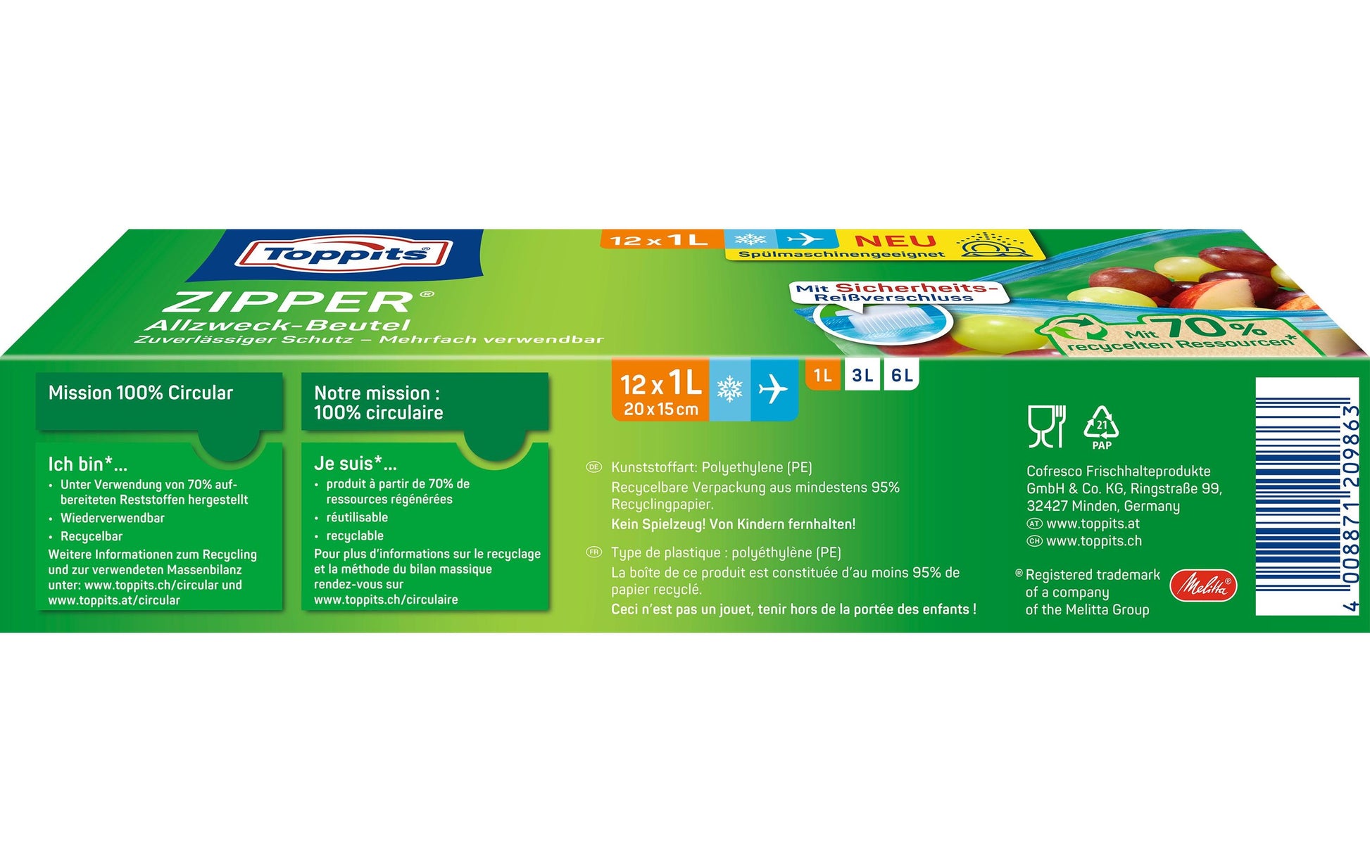 Toppits Zipper-Beutel 1 l, 15 × 20 cm, Polyethylen (PE), transparent, 12 Stk., mit Reissverschluss