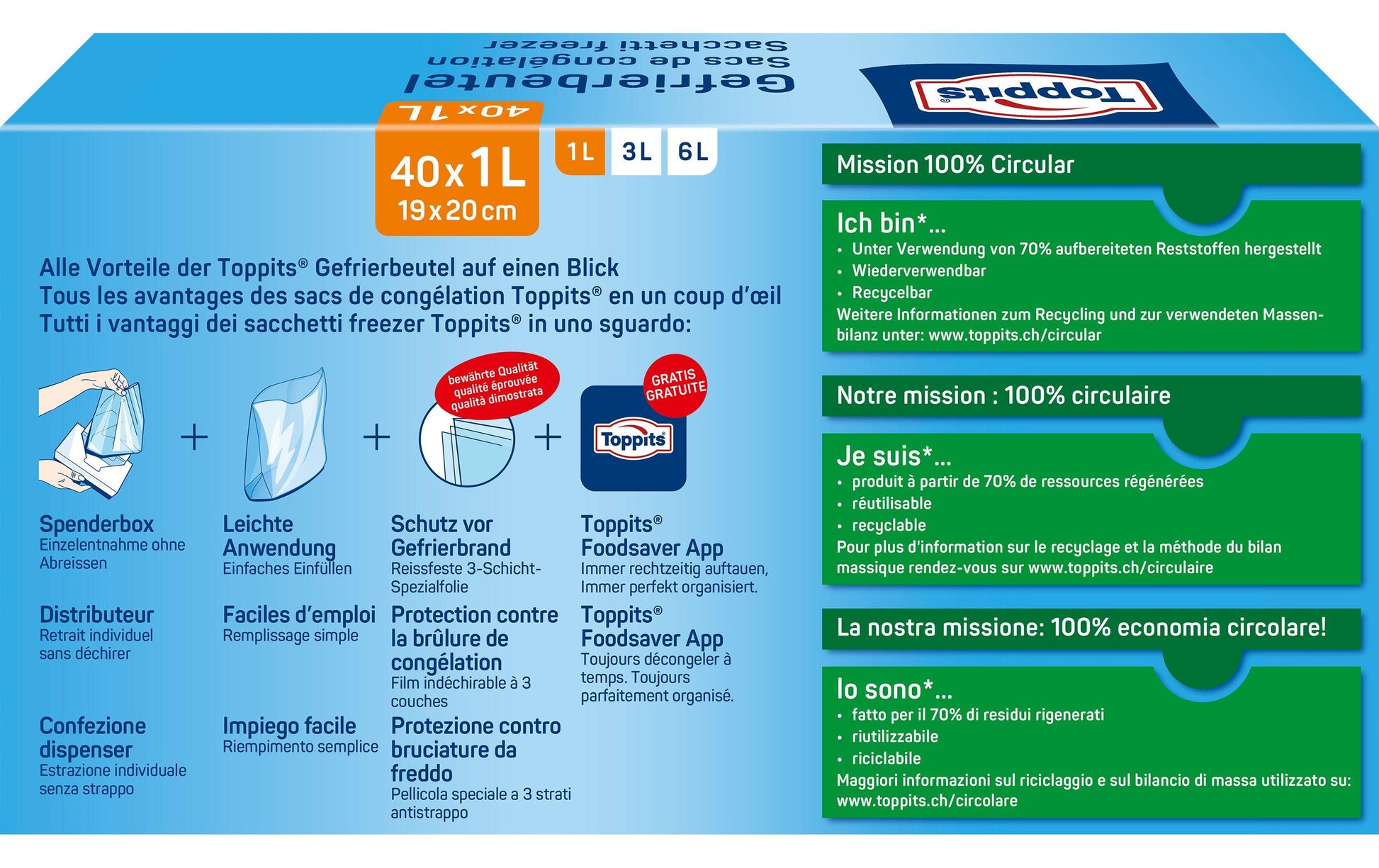Toppits Gefrierbeutel 1 l, 19 × 20 cm, Polyethylen (PE), 40 Stk., durchscheinend