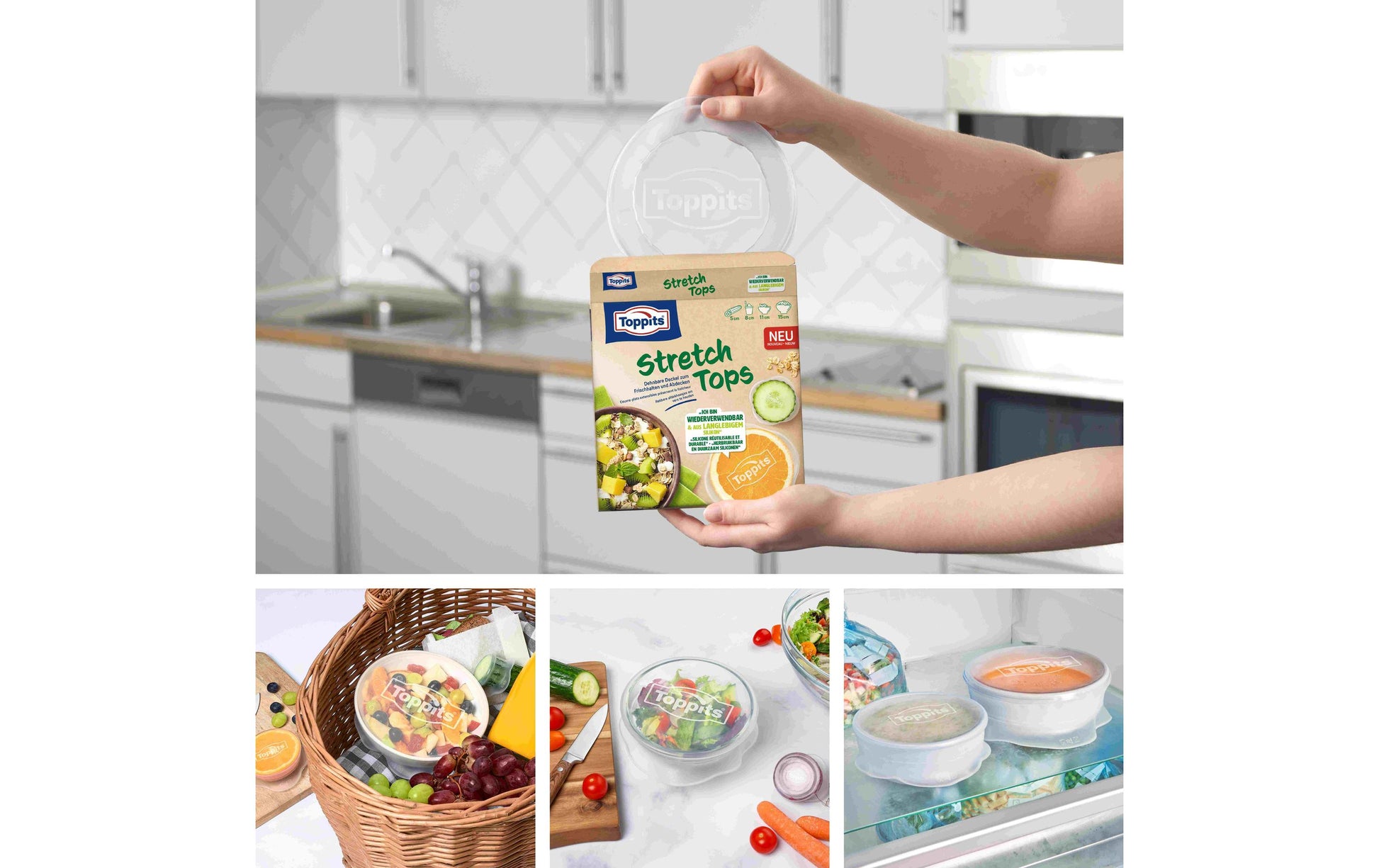 Toppits Frischhalte-Abdeckhauben 4 Stk., Ø 11 cm, Silikon, Transparent, Mikrowellenfest, Spülmaschinenfest