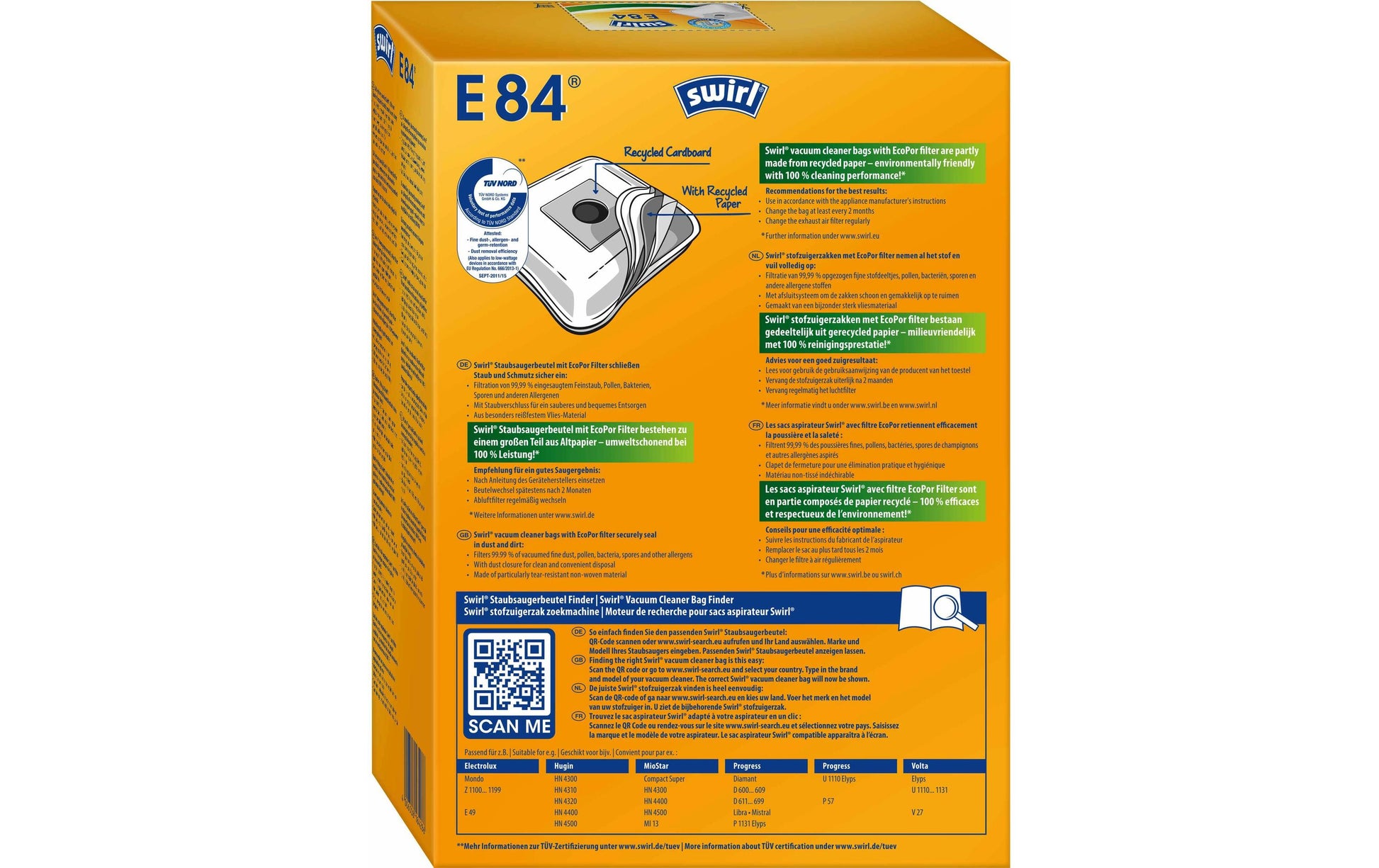 Swirl Staubbeutel E 84 – 4 Stück, für Electrolux-Modelle und andere