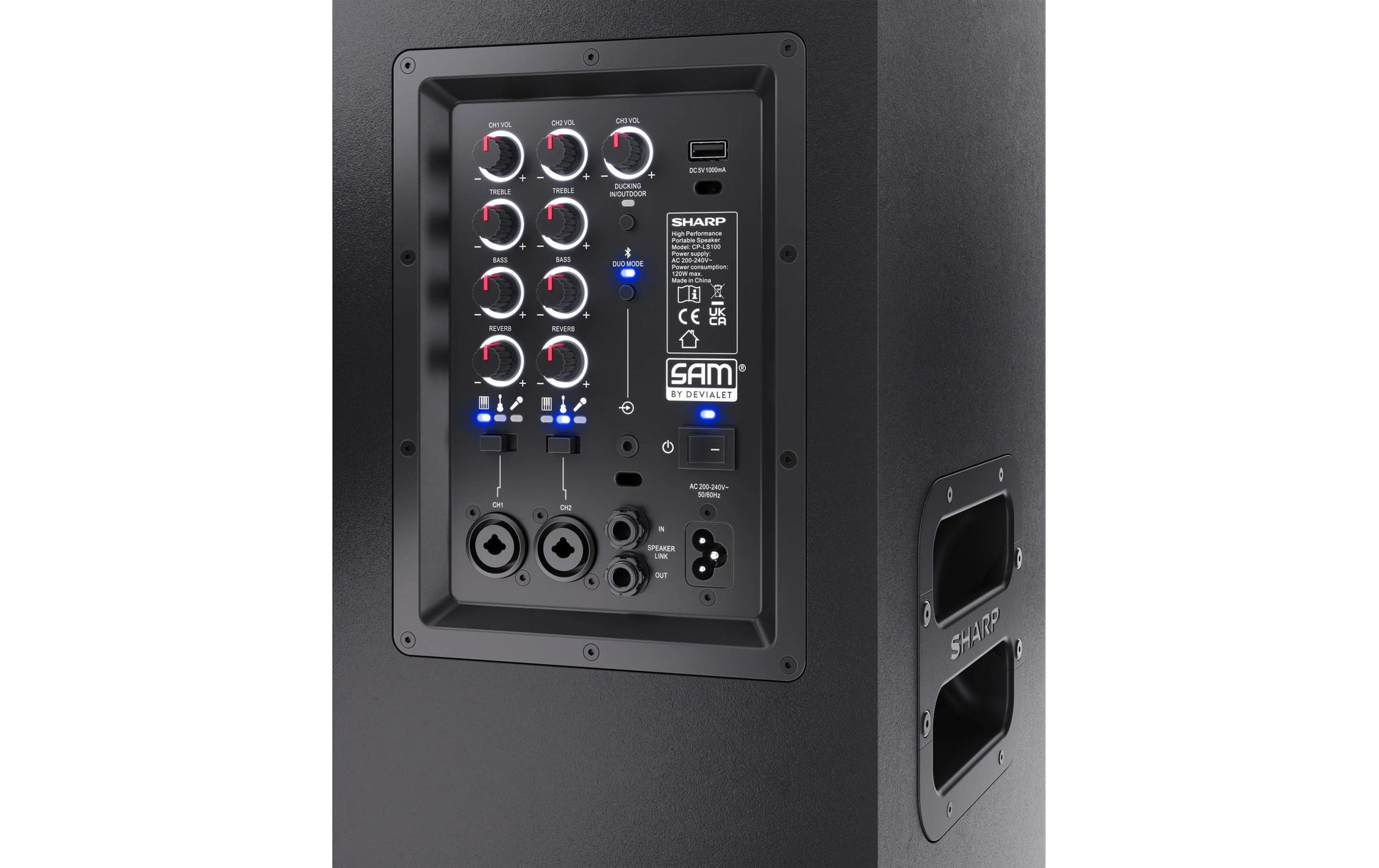 Sharp CP-LS100 – Party-Lautsprecher – 120 W, 10 h Akku, LED, Bluetooth 5.0, spritzwassergeschützt, Schwarz