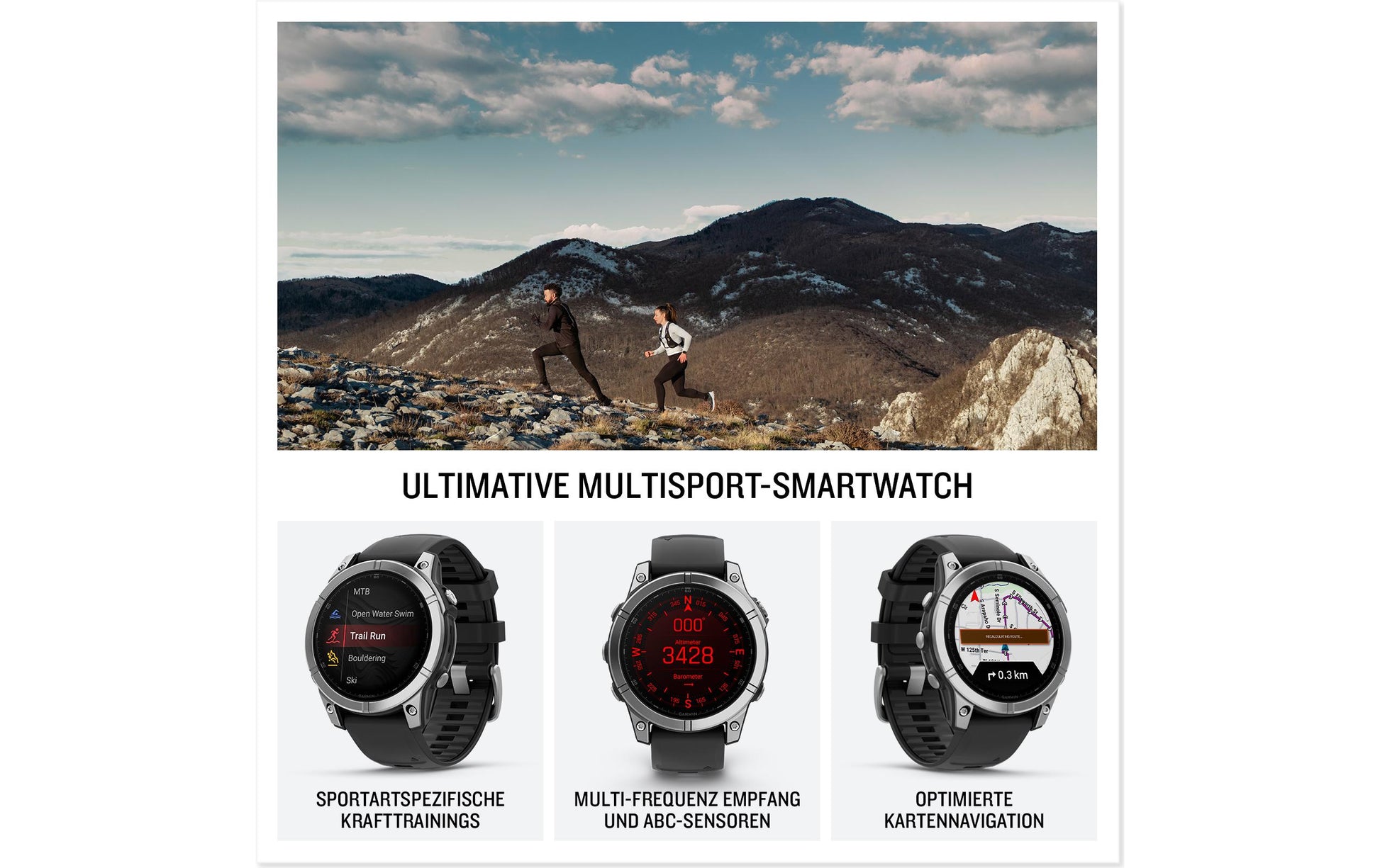 Garmin Fenix E – GPS-Smartwatch – 47 mm, 1,3" AMOLED, WLAN, Bluetooth, Gorilla Glass, 100 m, Silber/Schwarz
