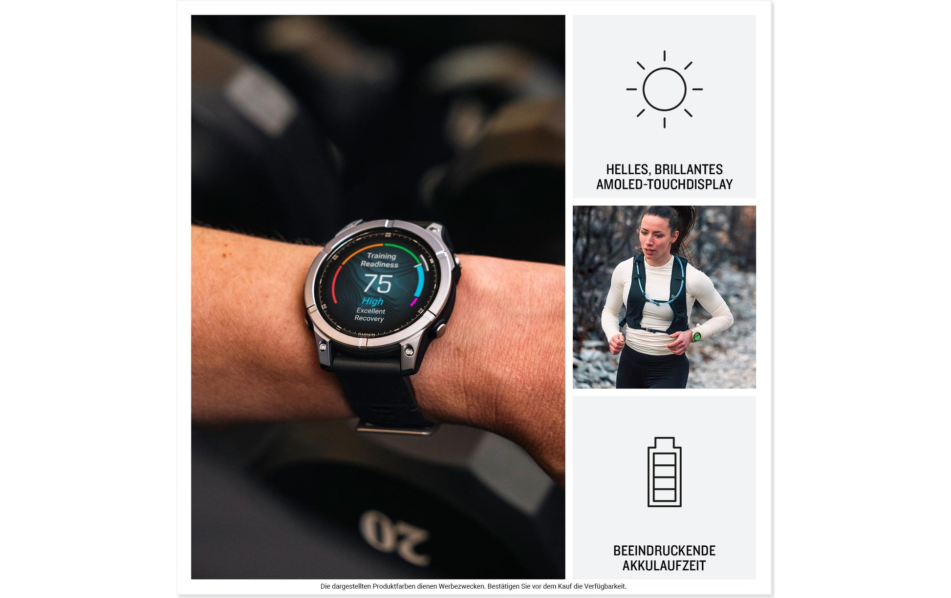 Garmin Fenix E – GPS-Smartwatch – 47 mm, 1,3" AMOLED, WLAN, Bluetooth, Gorilla Glass, 100 m, Silber/Schwarz