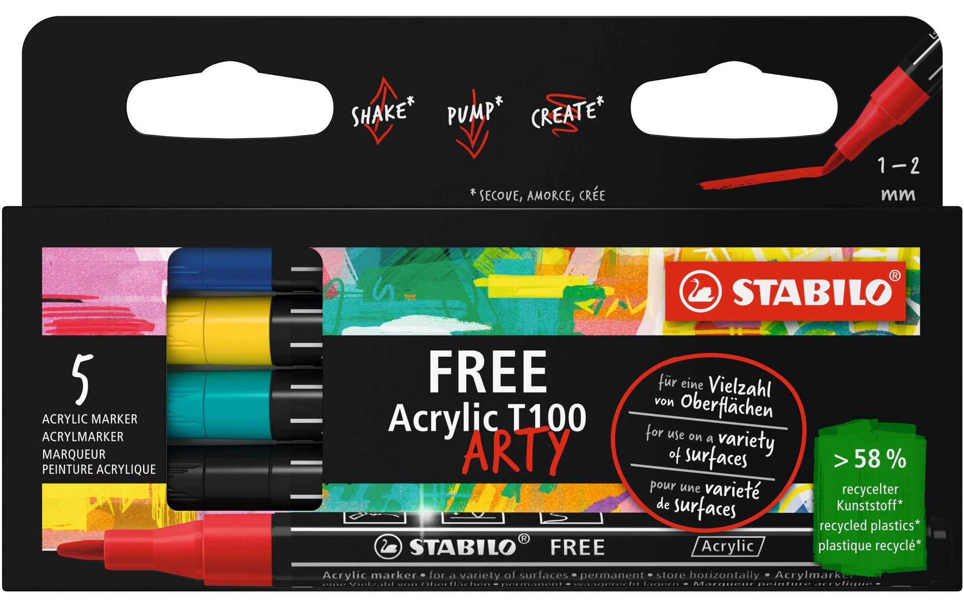STABILO FREE T100 Acrylmarker – Rundspitze 1–2 mm – 5er-Set (Royal), für Glas