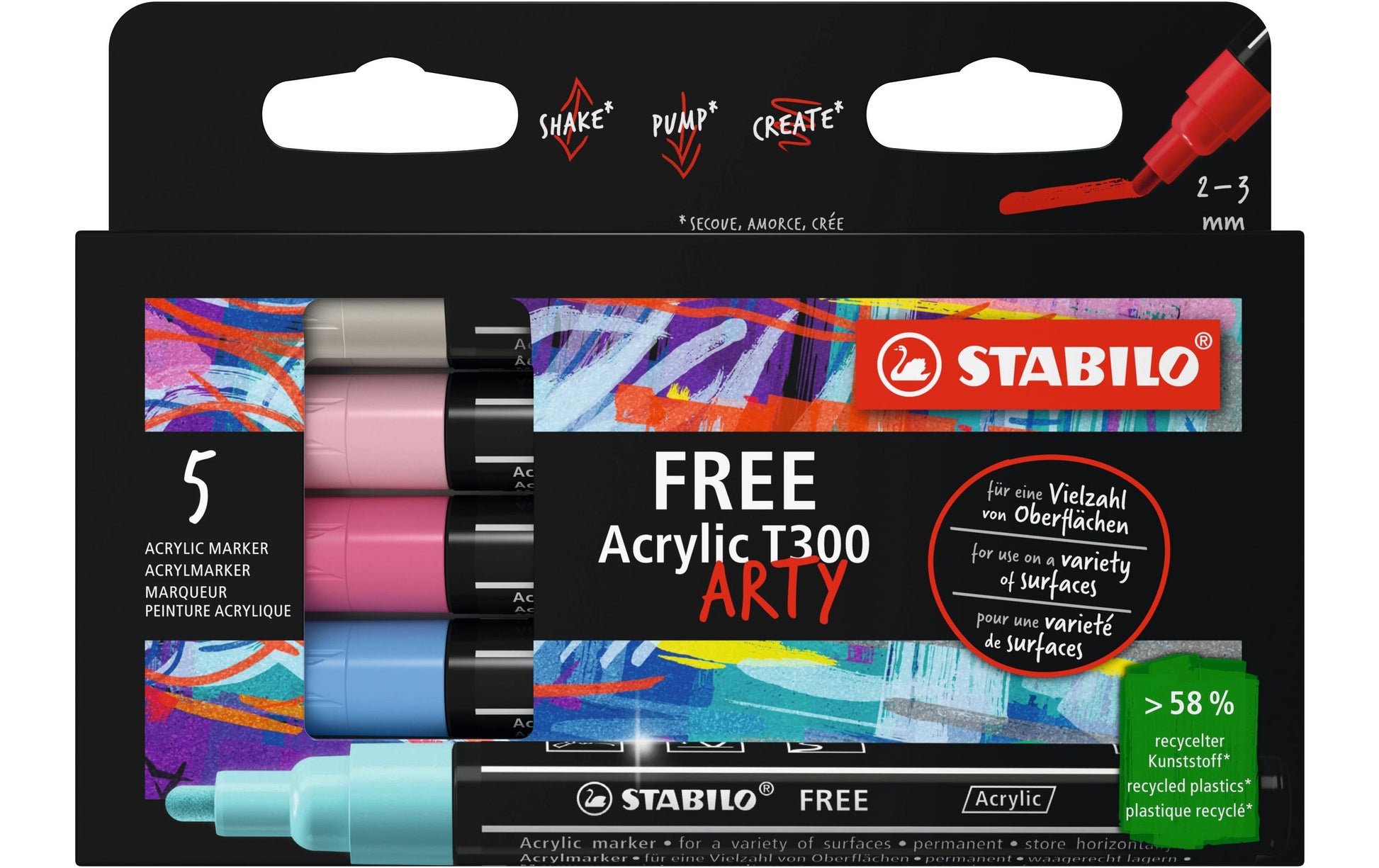 STABILO FREE Acryl T300 Acrylmarker – Rundspitze 2–3 mm – Candy, 5er-Set – für Stein