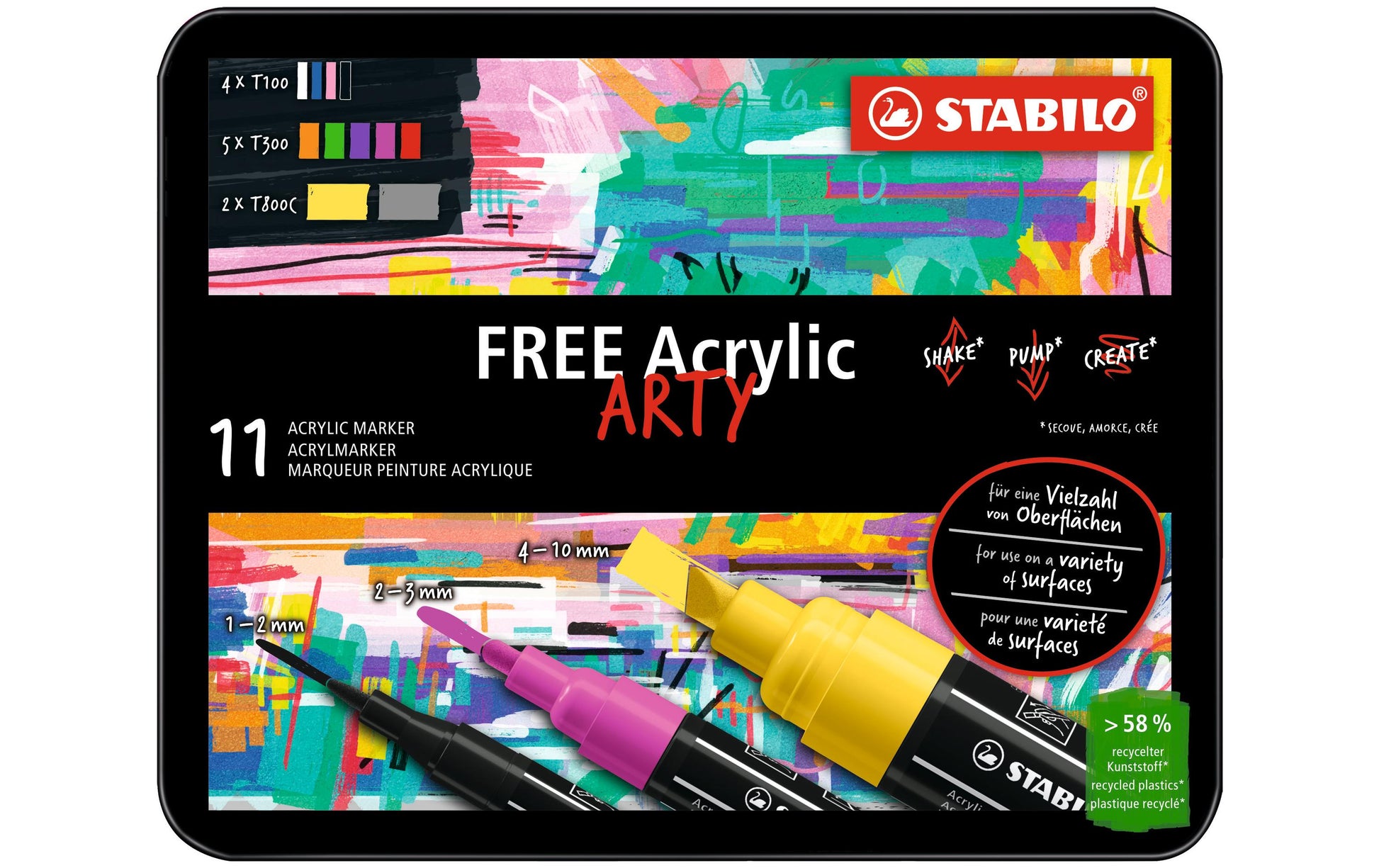 STABILO FREE Acrylmarker – 3 mm – mehrfarbig, 11er-Set, für Stein