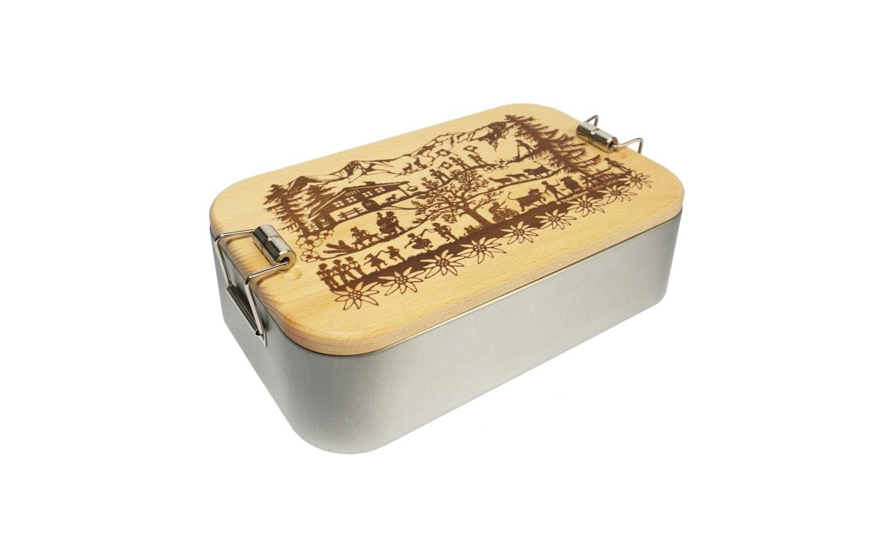 Trendform Lunchbox Swiss Tradition – Holz (Buche) & Blech – Silber, Schweiz-Motiv – 11,5 × 6,5 × 19 cm