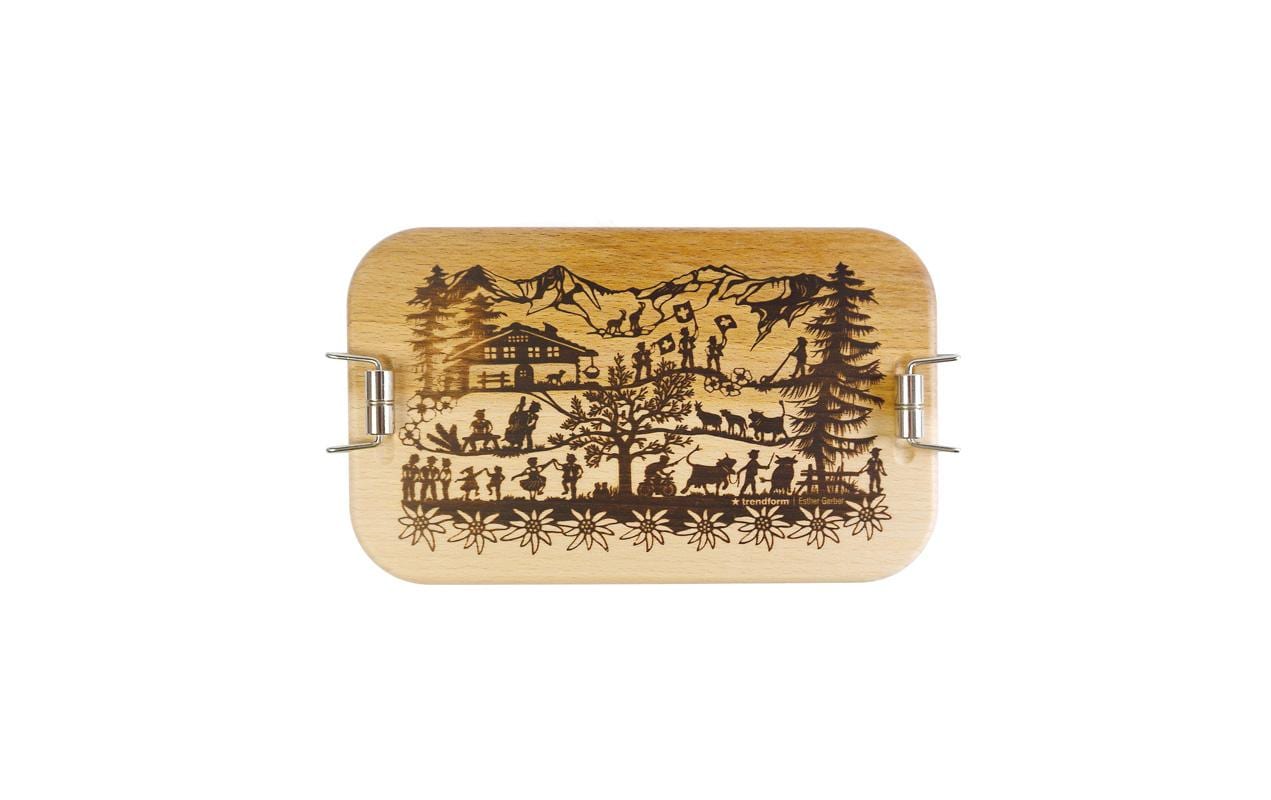 Trendform Lunchbox Swiss Tradition – Holz (Buche) & Blech – Silber, Schweiz-Motiv – 11,5 × 6,5 × 19 cm