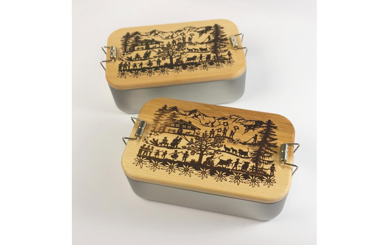Trendform Lunchbox Swiss Tradition – Holz (Buche) & Blech – Silber, Schweiz-Motiv – 11,5 × 6,5 × 19 cm