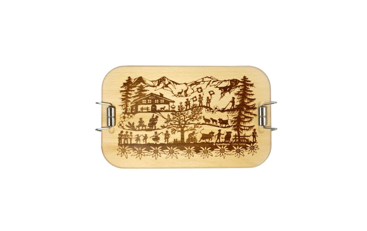 Trendform Lunchbox Swiss Tradition – Holz (Buche) & Blech – Silber, Schweiz-Motiv – 11,5 × 6,5 × 19 cm
