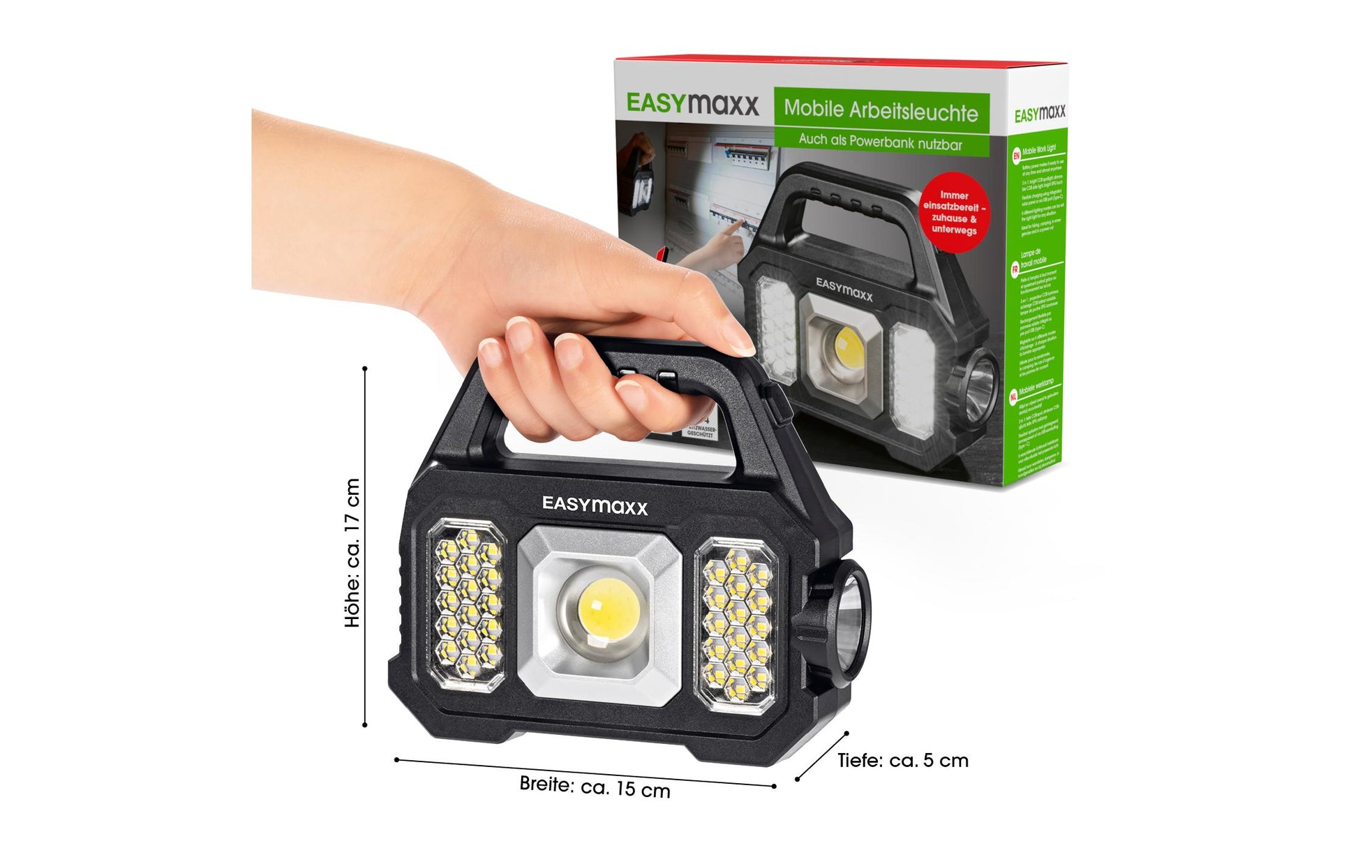 EASYmaxx Arbeitsstrahler 12899 – 15×17×5 cm, Akku & Solar, USB, 3,7 V – Schwarz, ABS