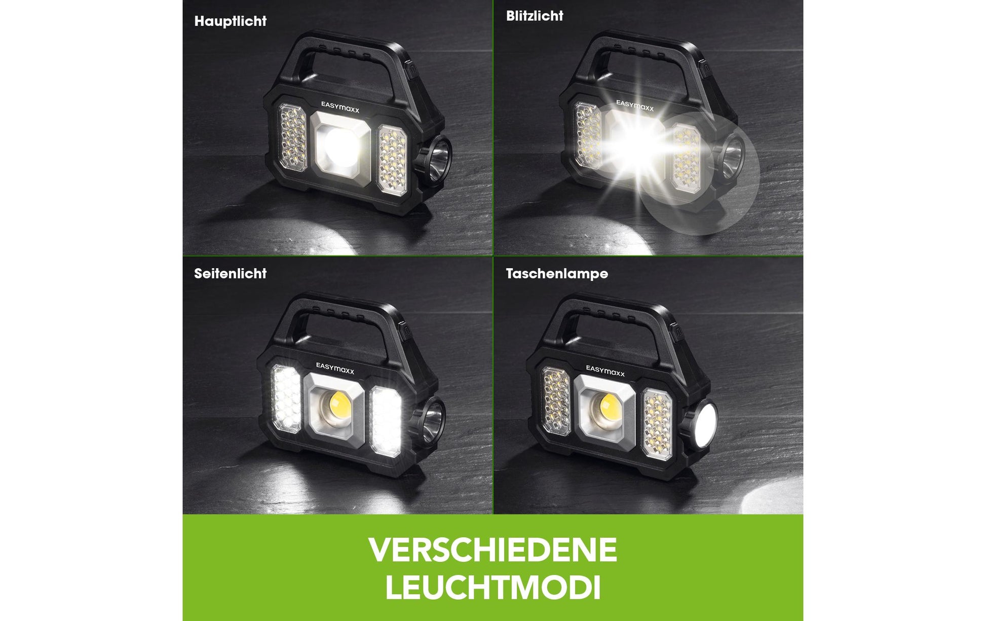 EASYmaxx Arbeitsstrahler 12899 – 15×17×5 cm, Akku & Solar, USB, 3,7 V – Schwarz, ABS