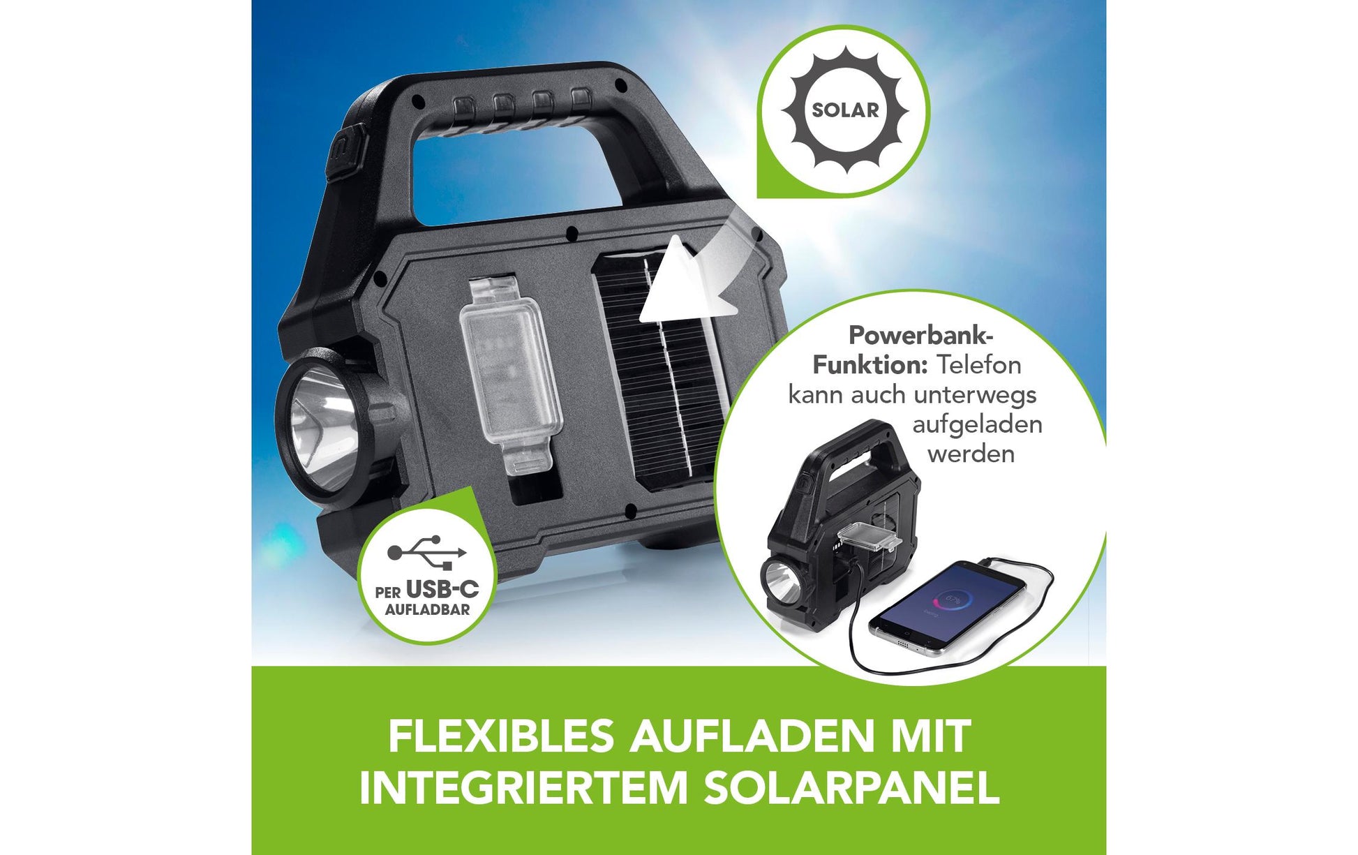 EASYmaxx Arbeitsstrahler 12899 – 15×17×5 cm, Akku & Solar, USB, 3,7 V – Schwarz, ABS