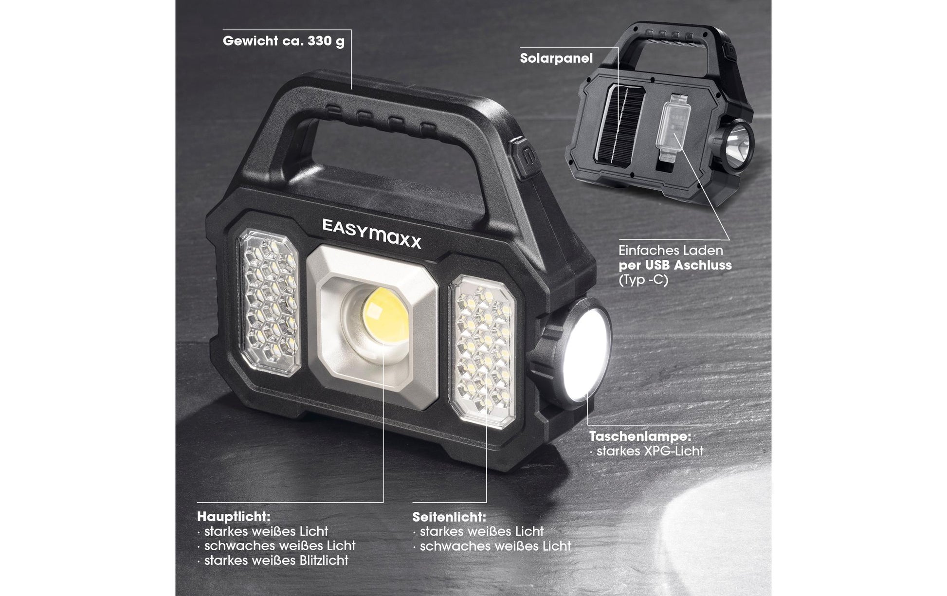 EASYmaxx Arbeitsstrahler 12899 – 15×17×5 cm, Akku & Solar, USB, 3,7 V – Schwarz, ABS