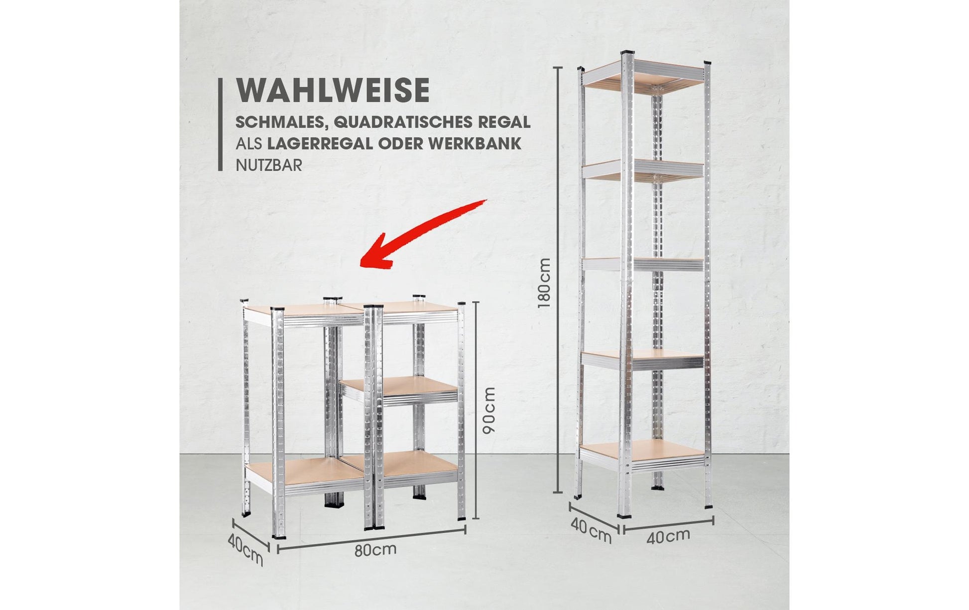 EASYmaxx Regal – Metall/MDF, Grau, 40 × 180 × 40 cm, 5 Tablare, Traglast 175 kg pro Tablar