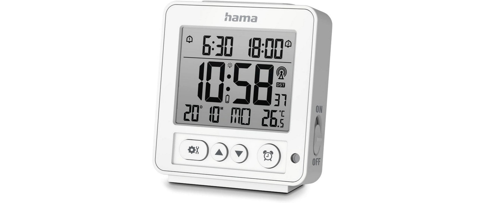 Hama Funk-Wecker, LCD, 9 × 10 × 2,5 cm, Weiss, Kalender