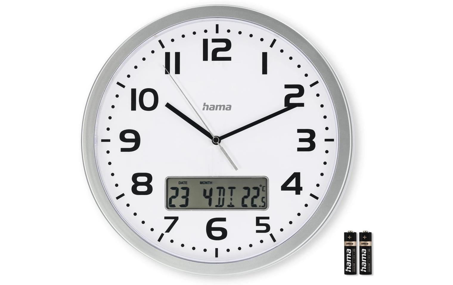 Hama Wanduhr Moorea – Funk – Ø 30 cm, Silber, Kunststoff, Thermometer, Datum