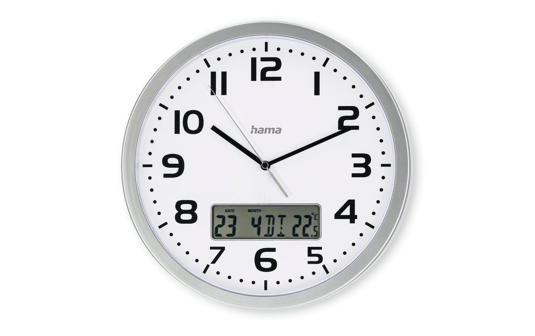 Hama Wanduhr Moorea – Funk – Ø 30 cm, Silber, Kunststoff, Thermometer, Datum